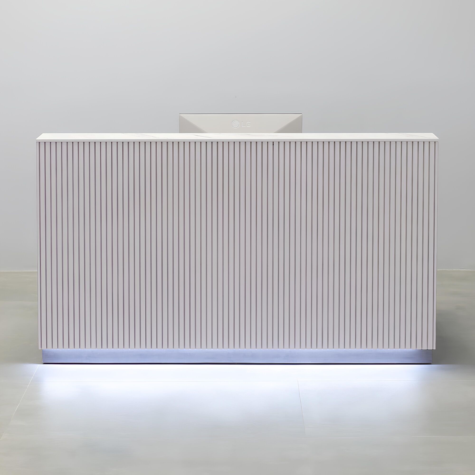 72-inch Dallas Straight Reception Desk with calcutta engineered surface top, white gloss tambour front, silver alchemy laminate workspace & toe-kick.