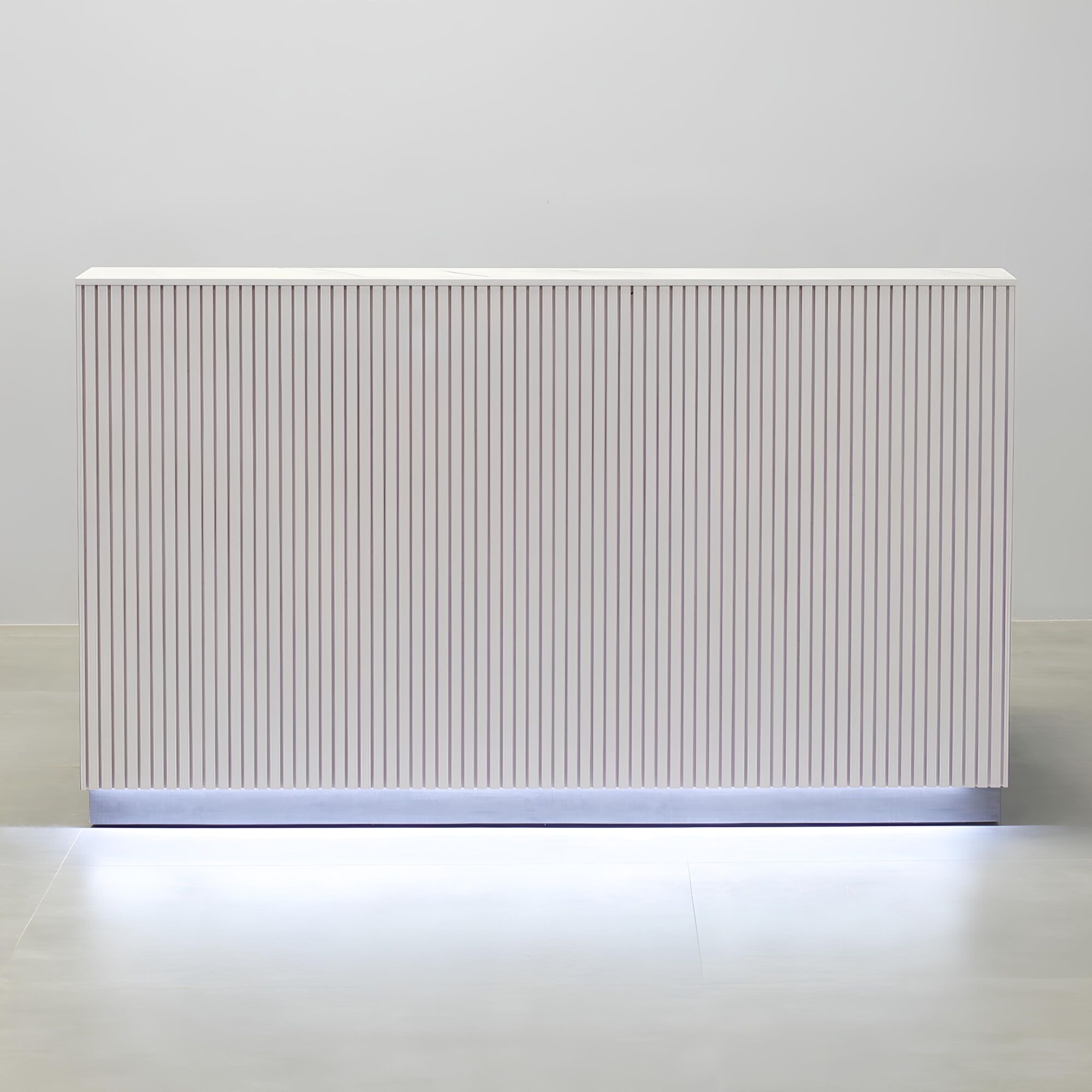 72-inch Dallas Straight Reception Desk with calcutta engineered surface top, white gloss tambour front, silver alchemy laminate workspace & toe-kick.