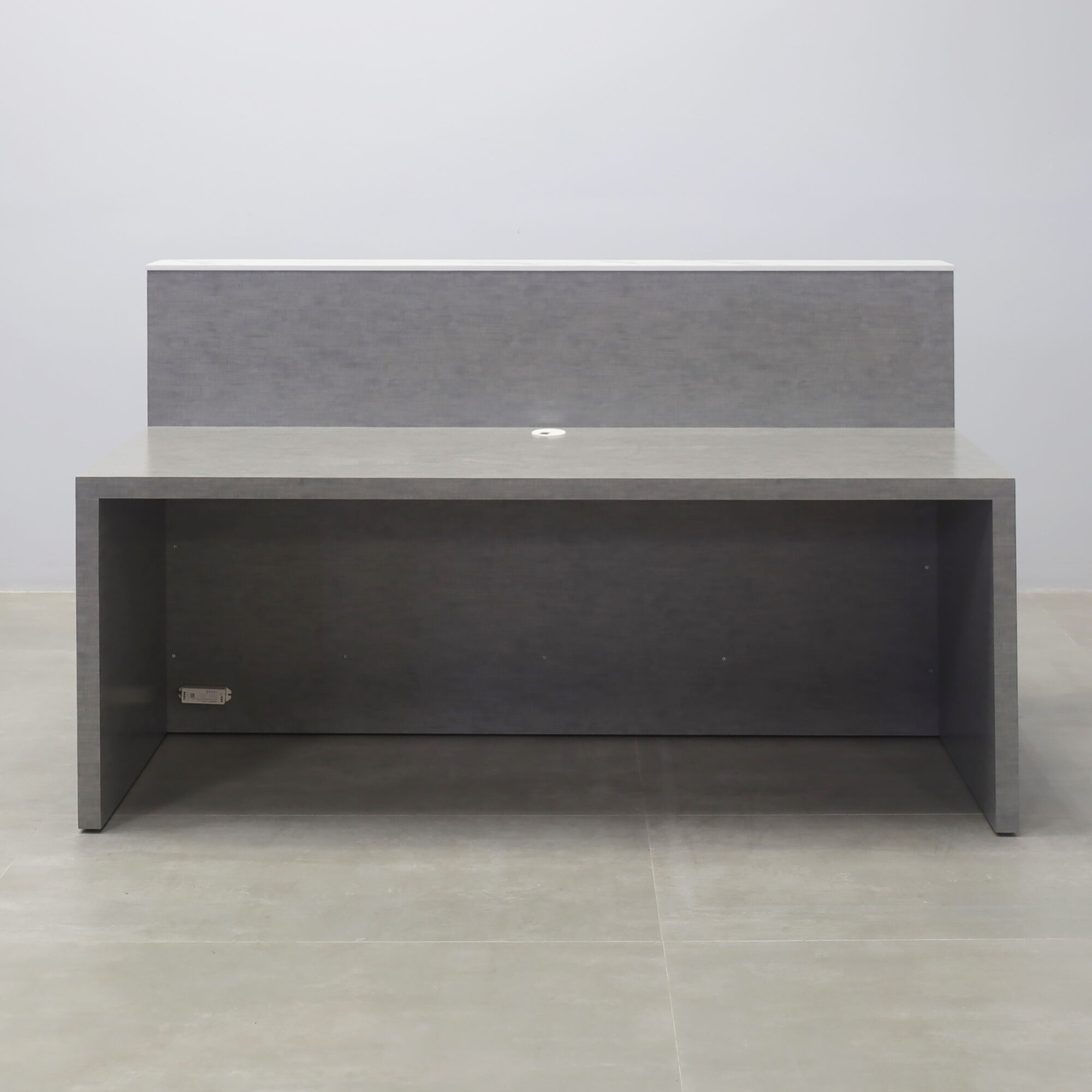 72-inch Dallas Straight Reception Desk with calcutta engineered surface top, white gloss tambour front, silver alchemy laminate workspace & toe-kick.