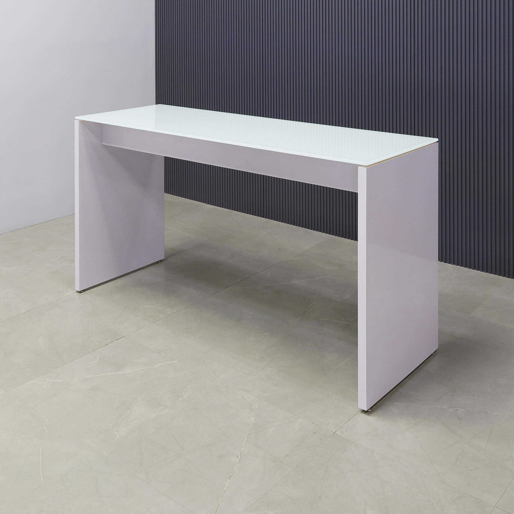 Ashville Tempered Glass Bar Table in white top and white gloss laminate base shown here.