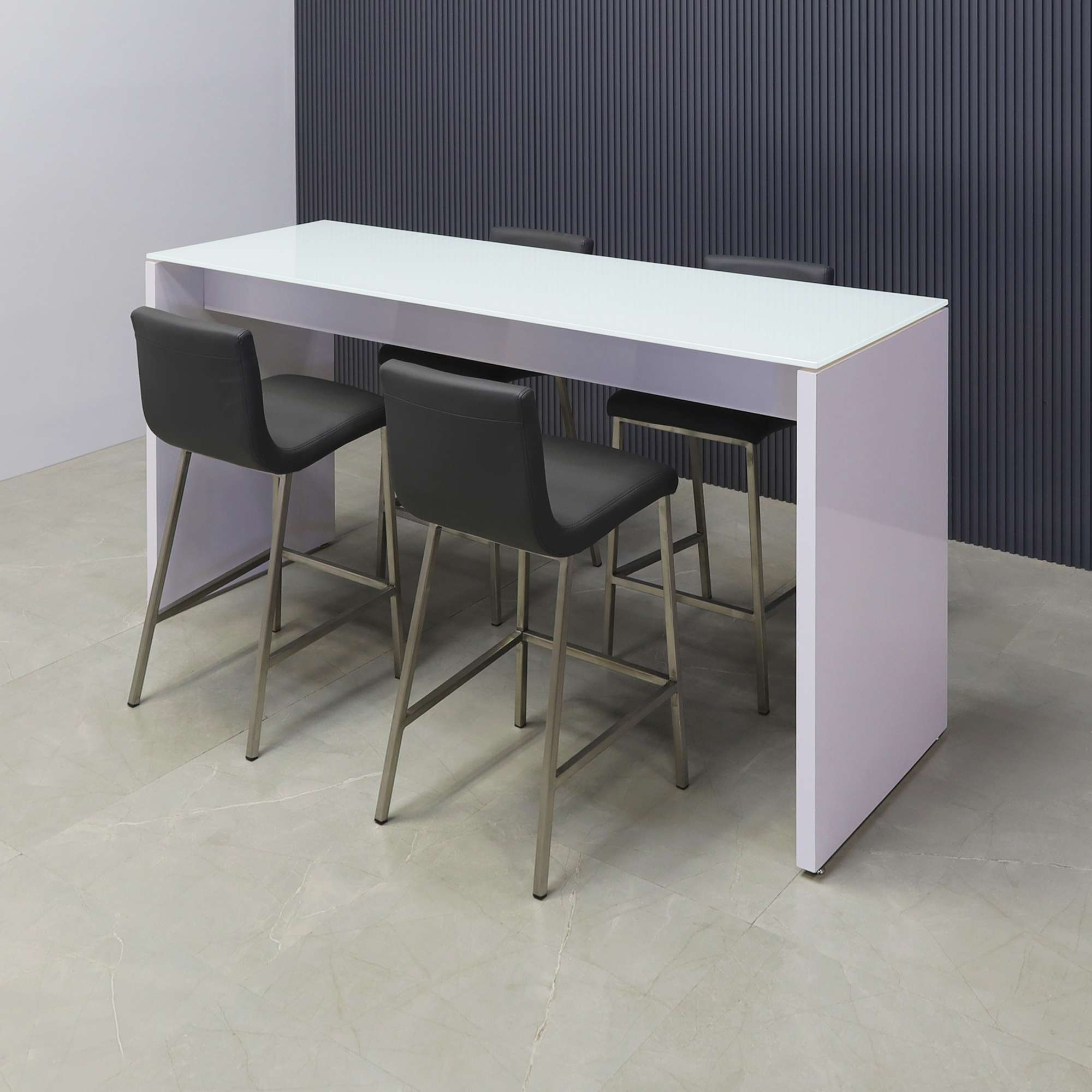 Ashville Tempered Glass Bar Table in white top and white gloss laminate base shown here.