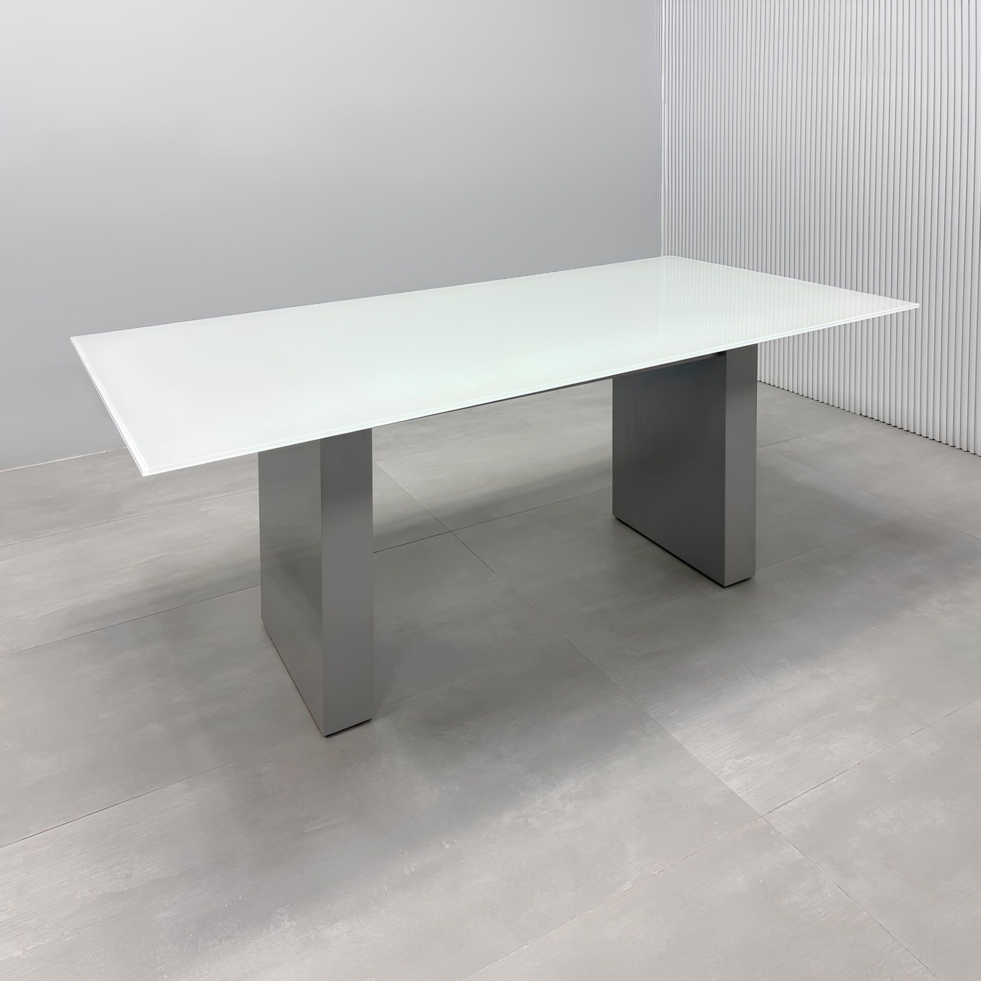 72_Omaha Rectangular Conference Table with white glass tempered glass top and light gray gloss laminate base.