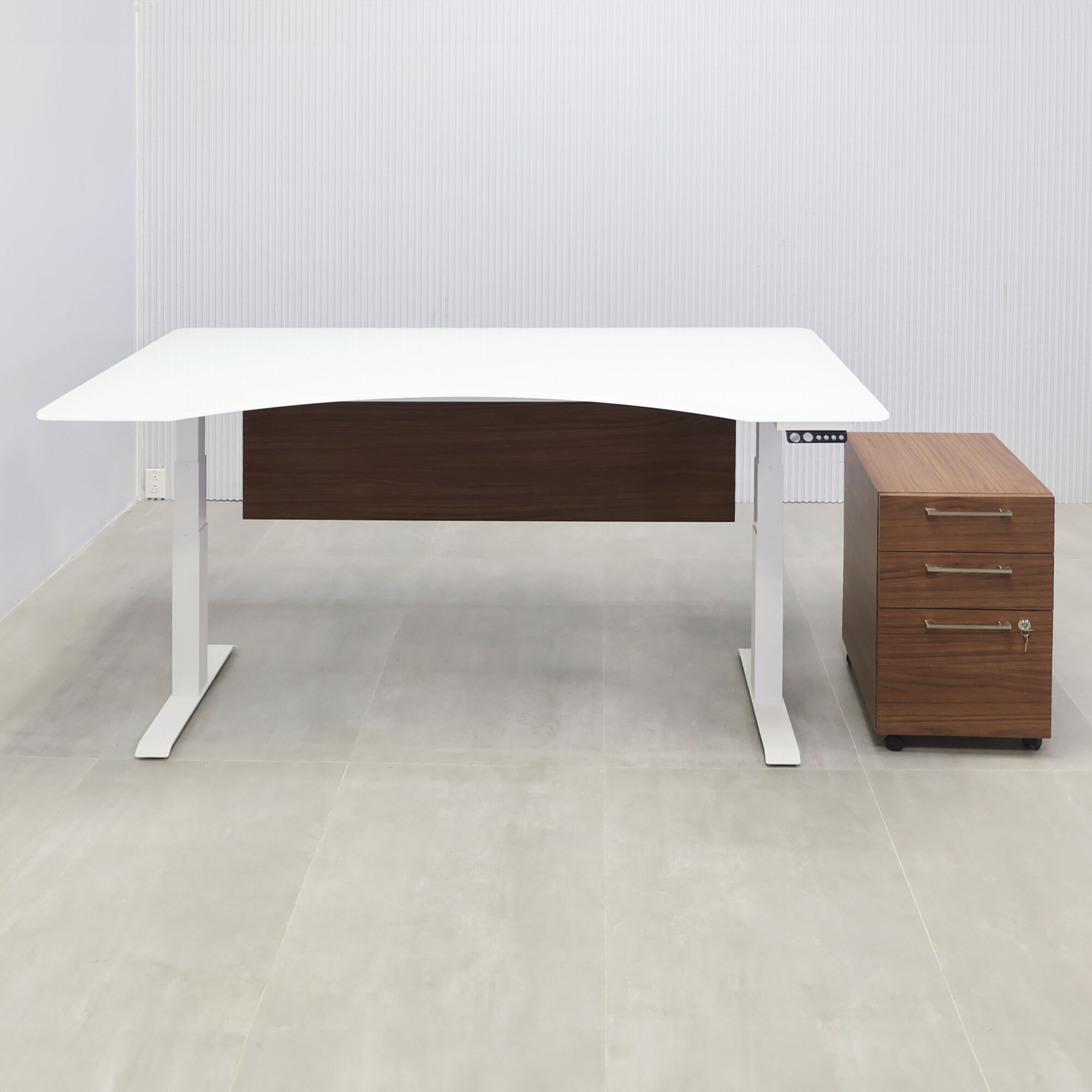 72-inch aXis Sit-stand Executive Desk with 1/2 white tempered glass top, walnut heights laminate privacy panel, white metal powder-coated legs, and walnut heights laminate large mobile cabinet with lock.