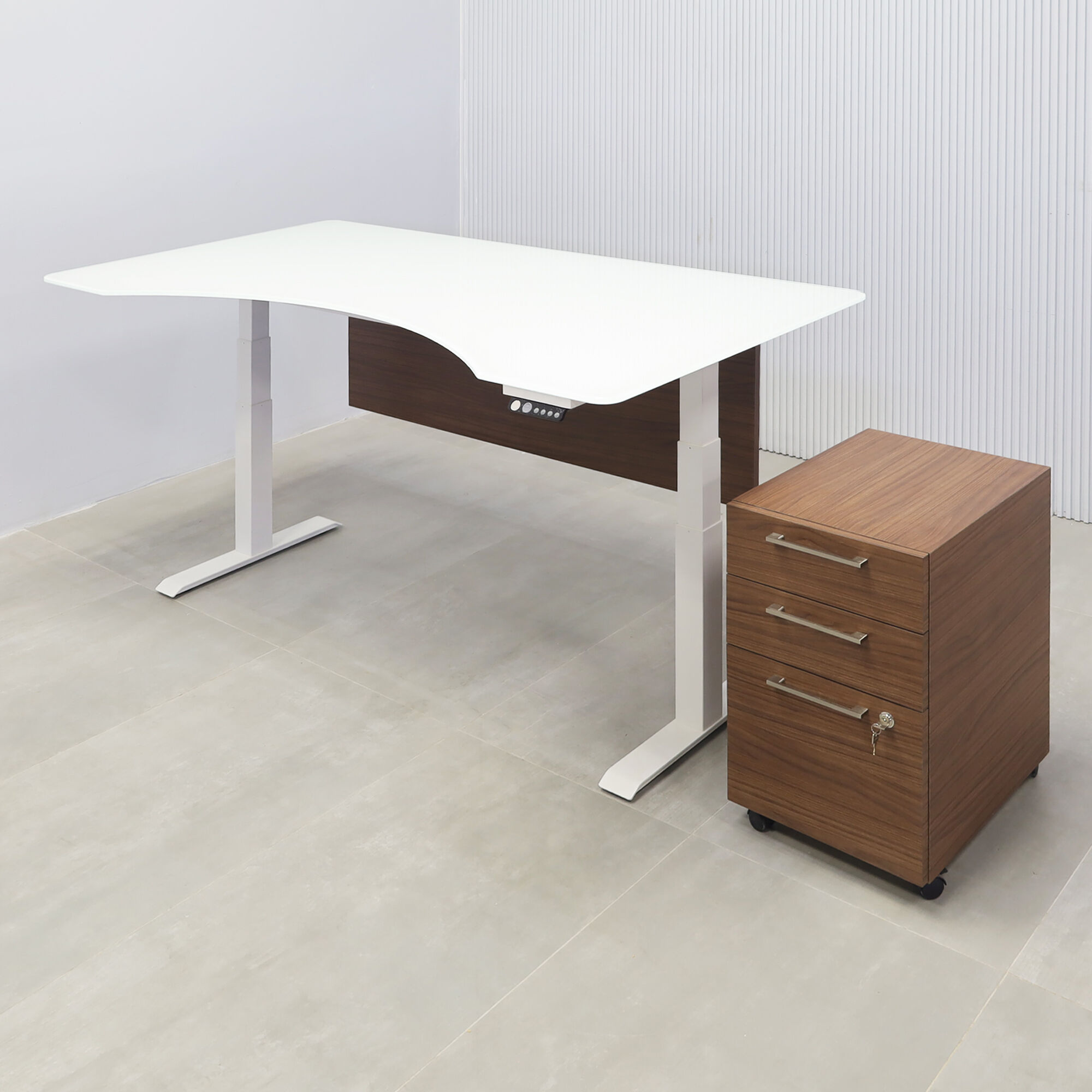72-inch aXis Sit-stand Executive Desk with 1/2 white tempered glass top, walnut heights laminate privacy panel, white metal powder-coated legs, and walnut heights laminate large mobile cabinet with lock.