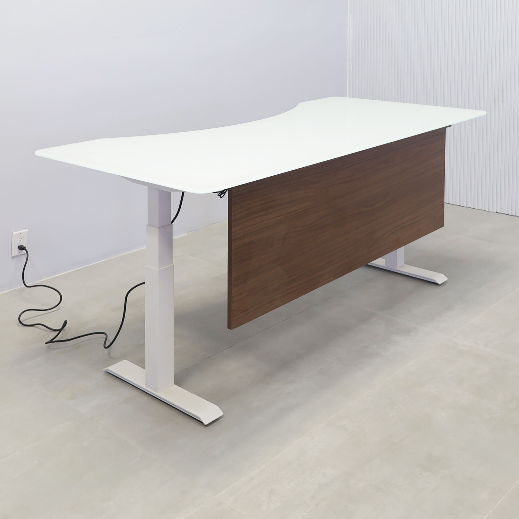 72-inch aXis Sit-stand Executive Desk with 1/2 white tempered glass top, walnut heights laminate privacy panel, white metal powder-coated legs, and walnut heights laminate large mobile cabinet with lock.
