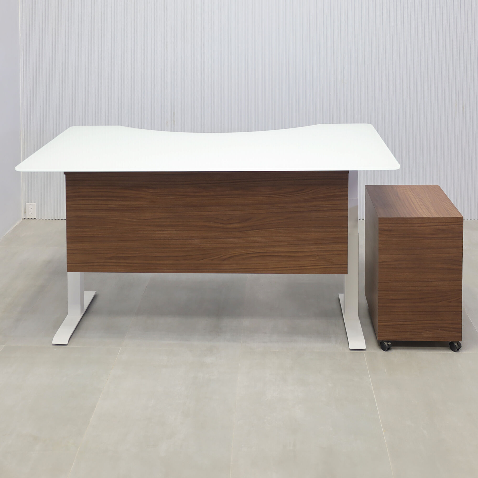 72-inch aXis Sit-stand Executive Desk with 1/2 white tempered glass top, walnut heights laminate privacy panel, white metal powder-coated legs, and walnut heights laminate large mobile cabinet with lock.
