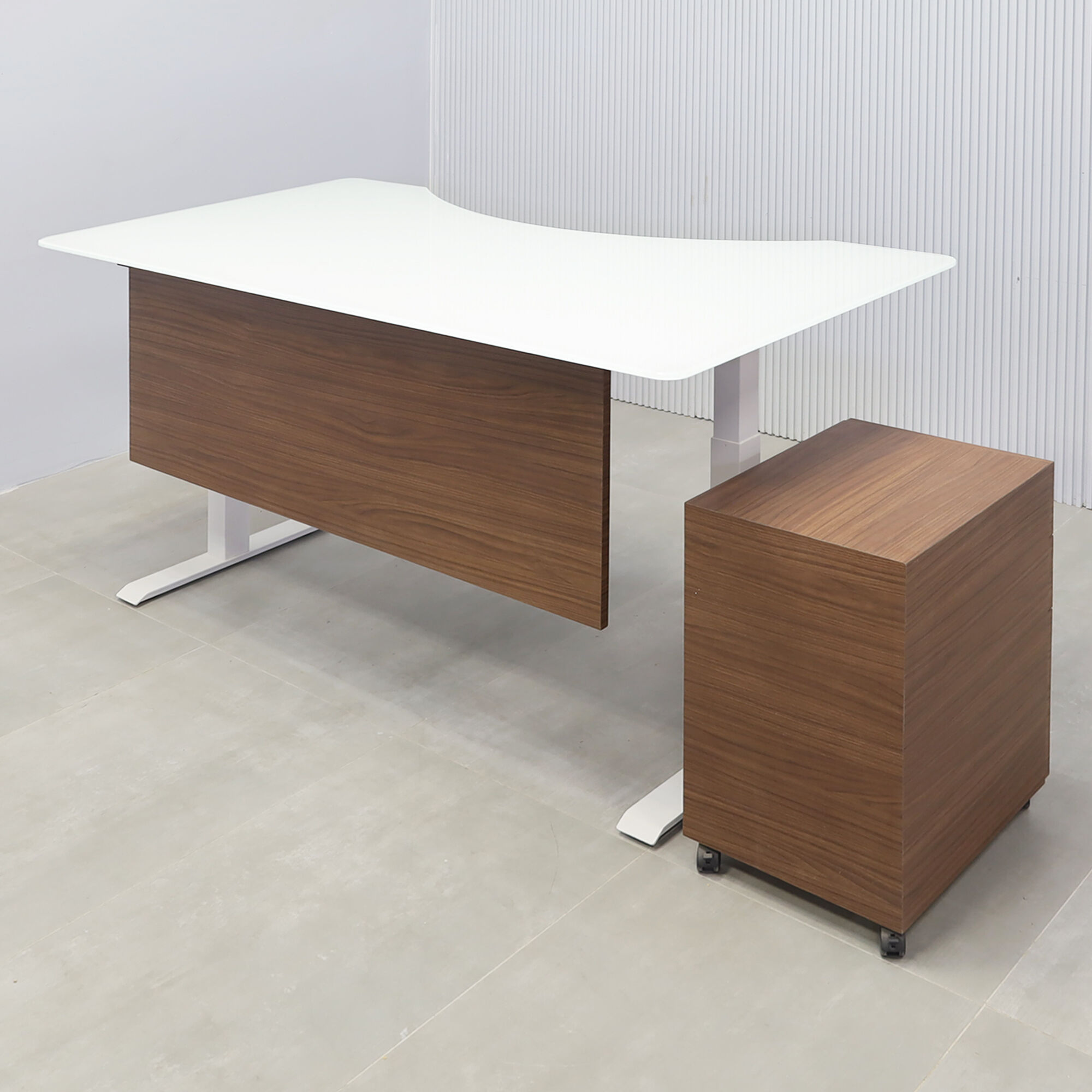 72-inch aXis Sit-stand Executive Desk with 1/2 white tempered glass top, walnut heights laminate privacy panel, white metal powder-coated legs, and walnut heights laminate large mobile cabinet with lock.