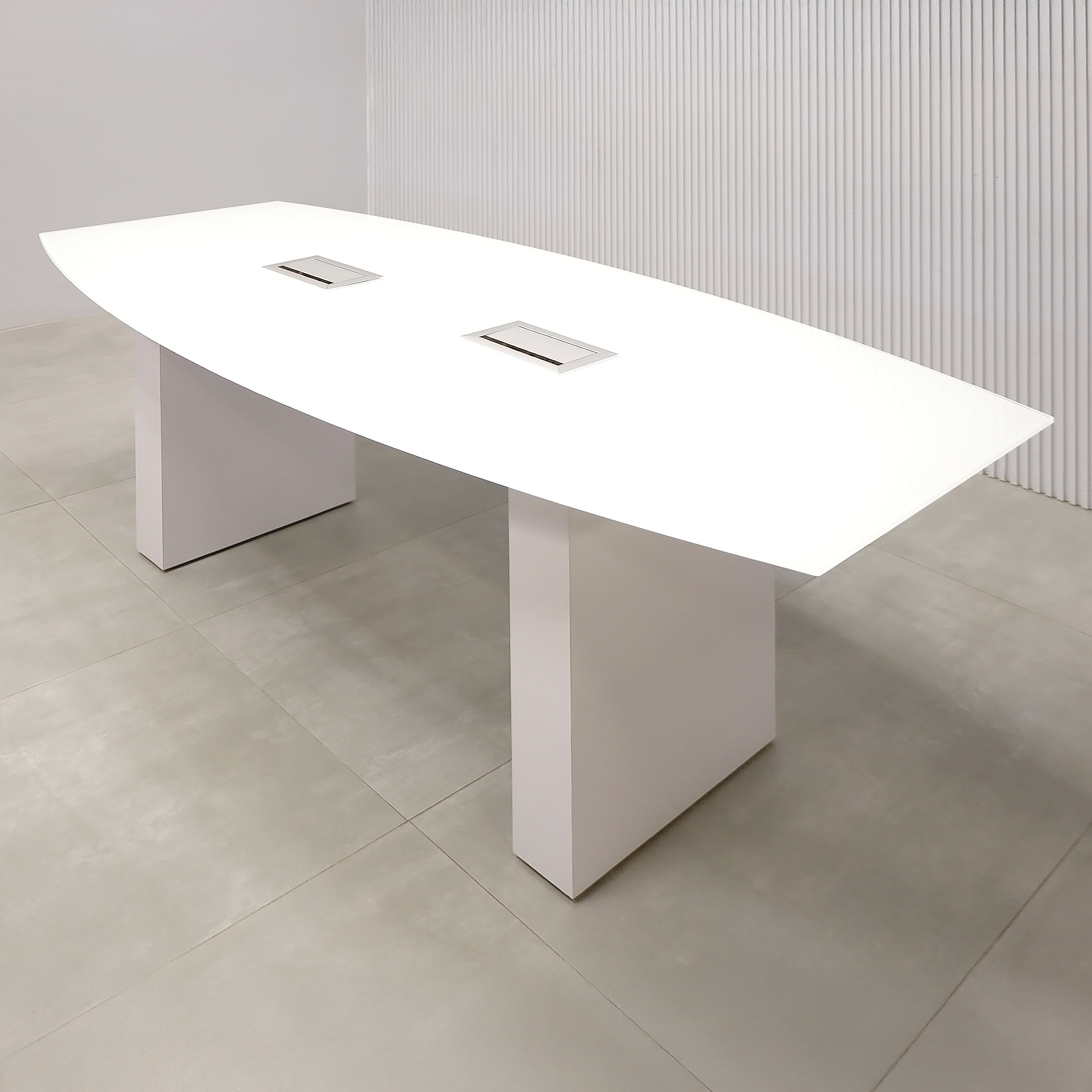 72-inch Omaha Boat Shape Conference Table and X1 base with White Tempered Glass top, White Gloss laminate base, and two Mx3 in Silver.
