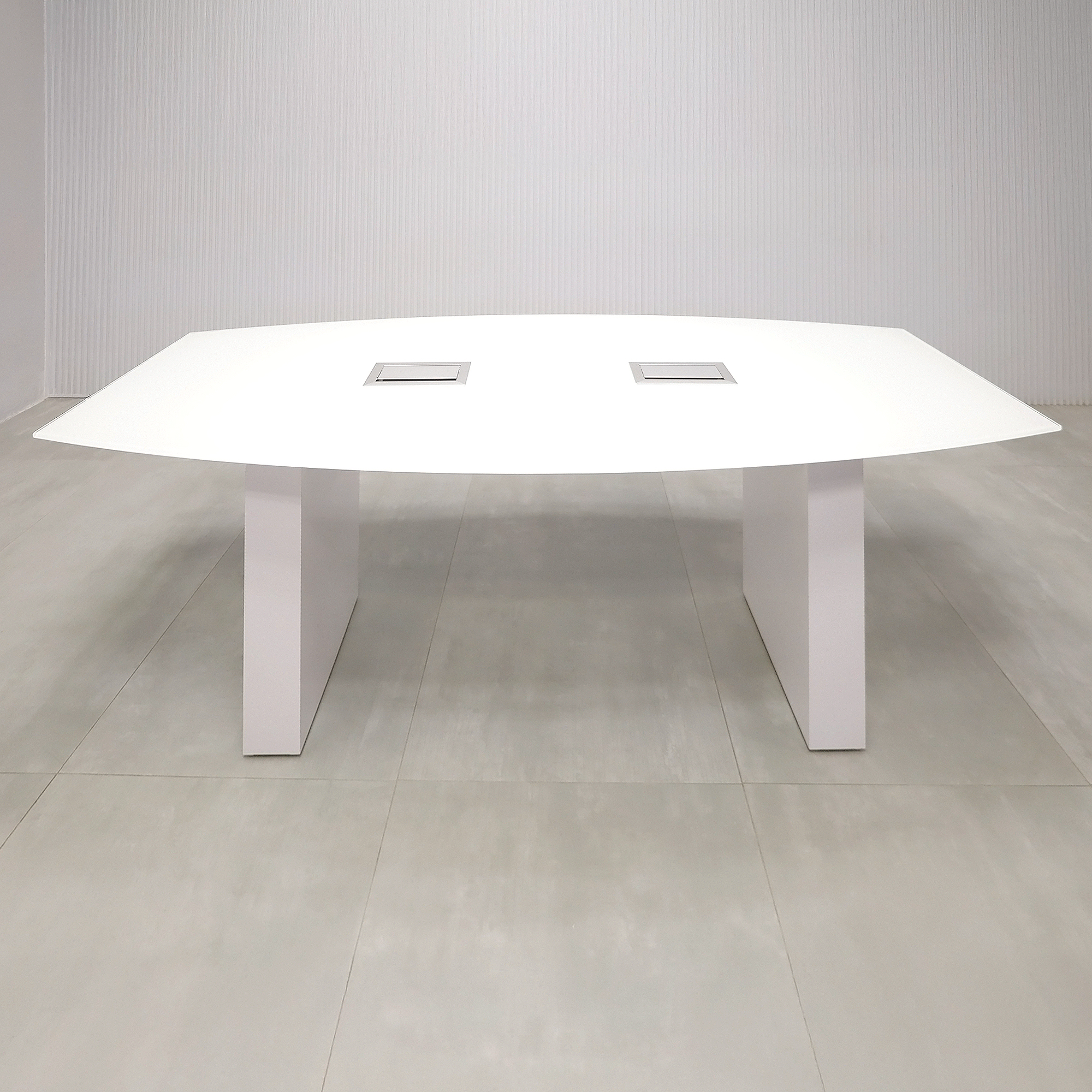 72-inch Omaha Boat Shape Conference Table and X1 base with White Tempered Glass top, White Gloss laminate base, and two Mx3 in Silver.