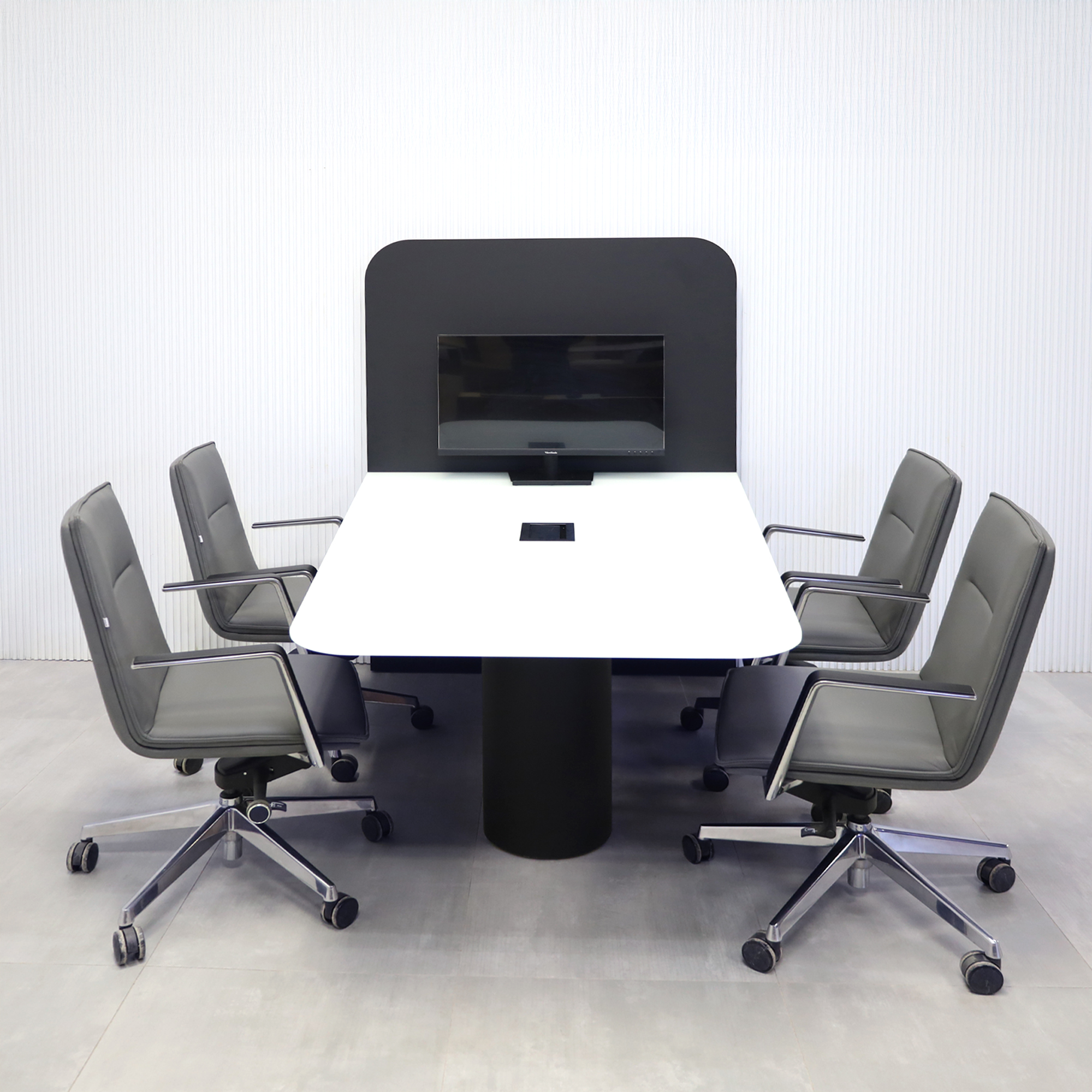 72-inch Westing Standing Collaboration Table with White Traceless Glass top, Black Traceless Laminate base, and Mx3 in Black.