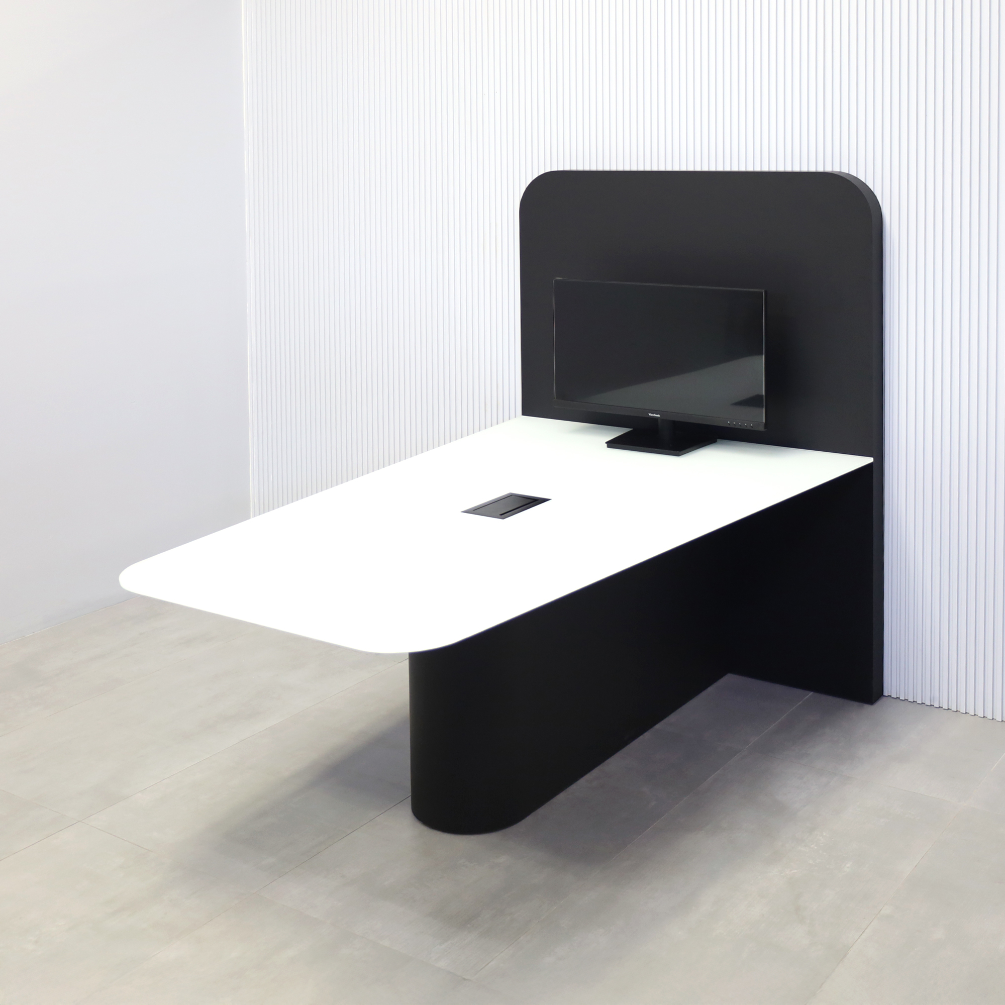 72-inch Westing Standing Collaboration Table with White Traceless Glass top, Black Traceless Laminate base, and Mx3 in Black.