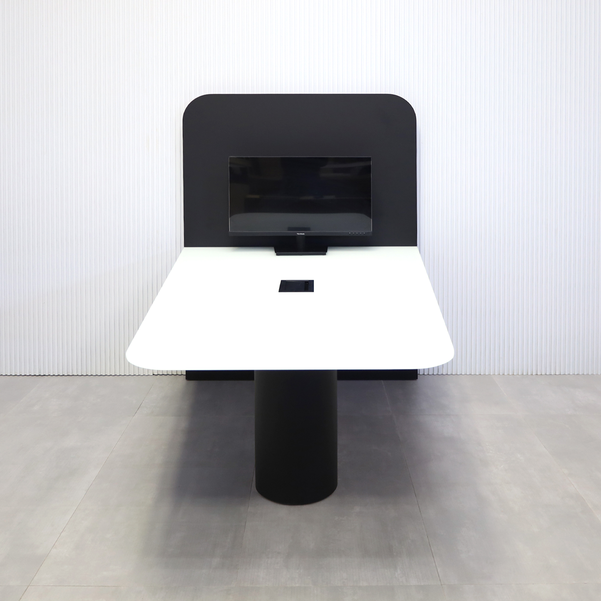 Anchorage Collaboration Table – 72" Wide features a White Traceless Glass Top, Black Traceless Laminate Back Panel, and matching Black Traceless Laminate Base, complete with one Black MX3 Power Box for easy connectivity. Designed for collaboration and eve