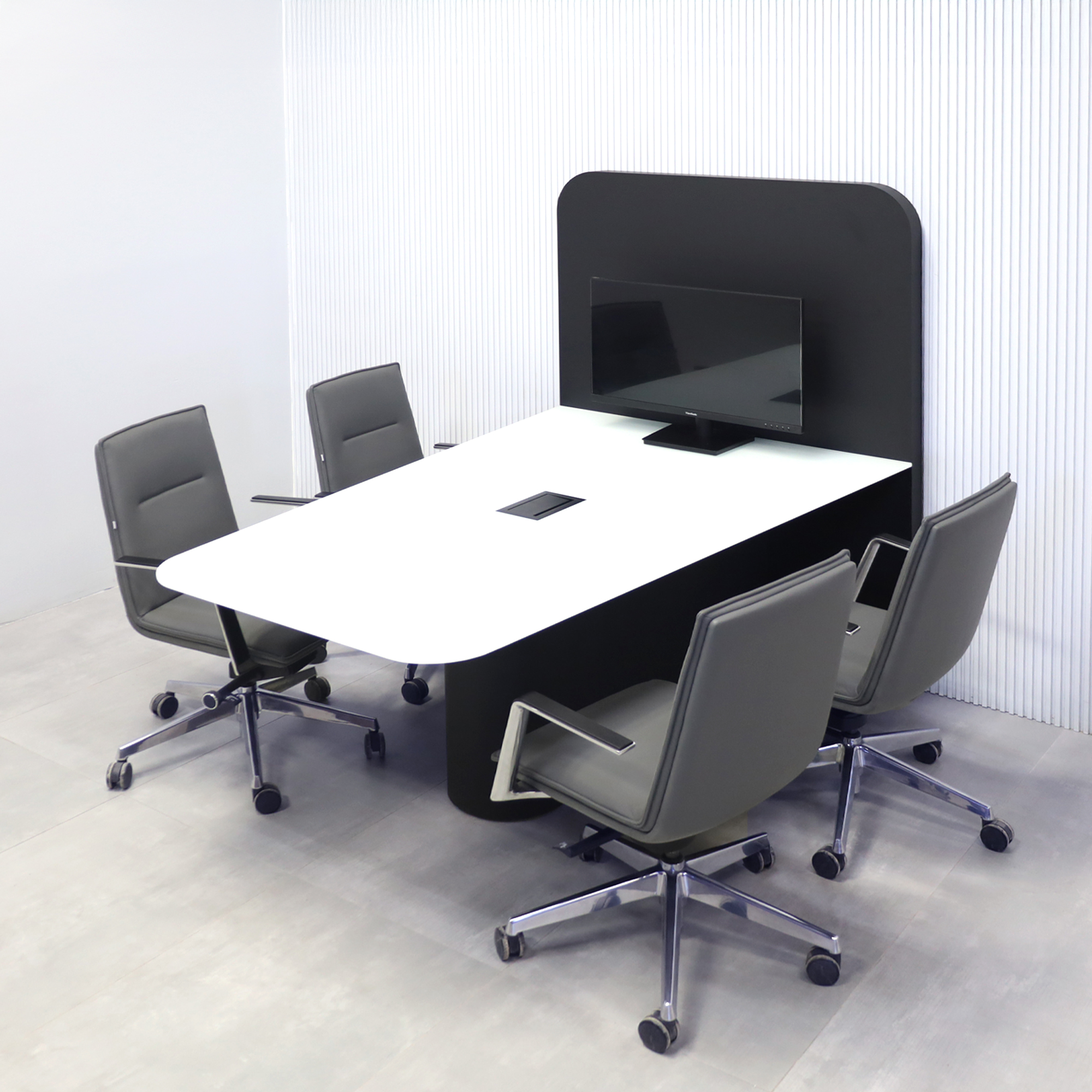 Anchorage Collaboration Table – 72" Wide features a White Traceless Glass Top, Black Traceless Laminate Back Panel, and matching Black Traceless Laminate Base, complete with one Black MX3 Power Box for easy connectivity. Designed for collaboration and eve