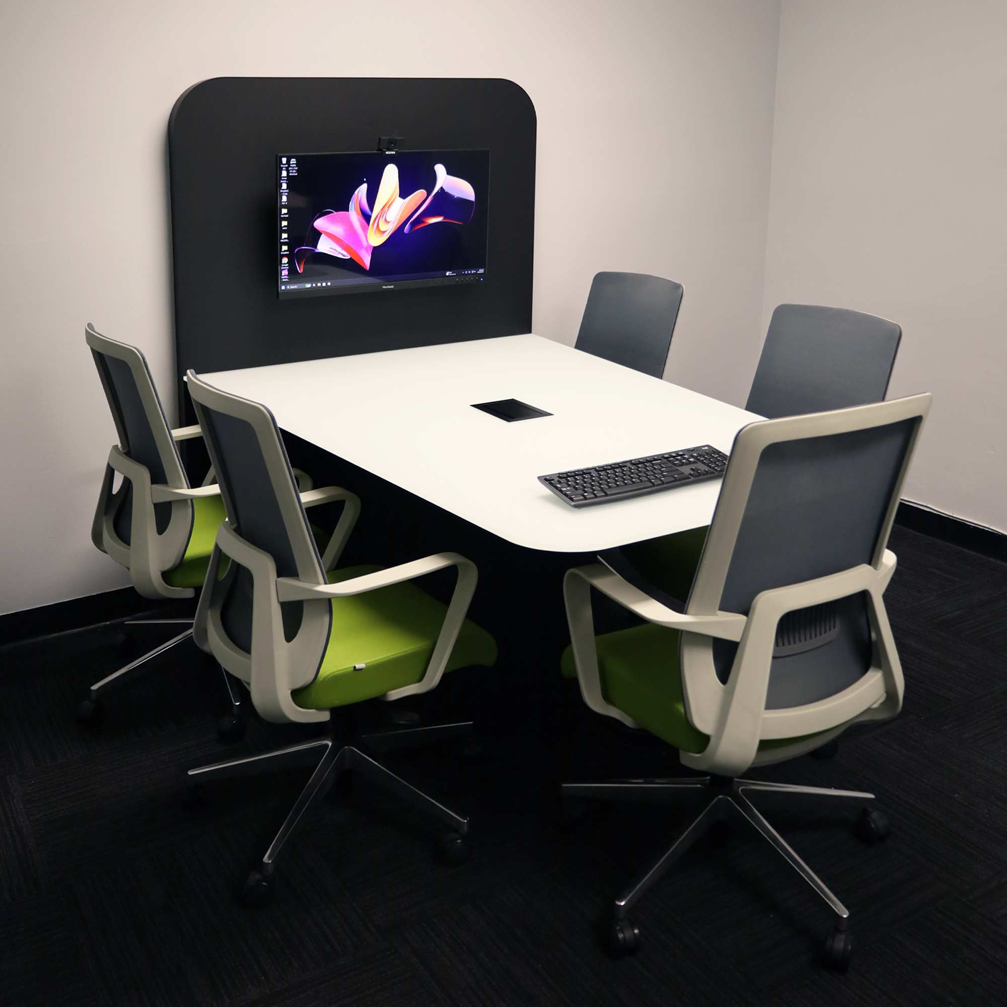 72-inch Westing Standing Collaboration Table with White Traceless Glass top, Black Traceless Laminate base, and Mx3 in Black.