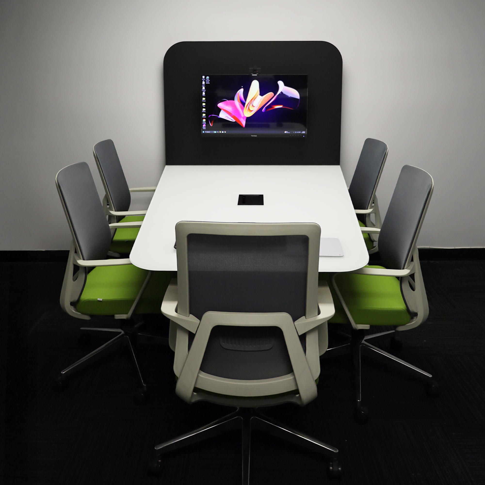 72-inch Westing Standing Collaboration Table with White Traceless Glass top, Black Traceless Laminate base, and Mx3 in Black.