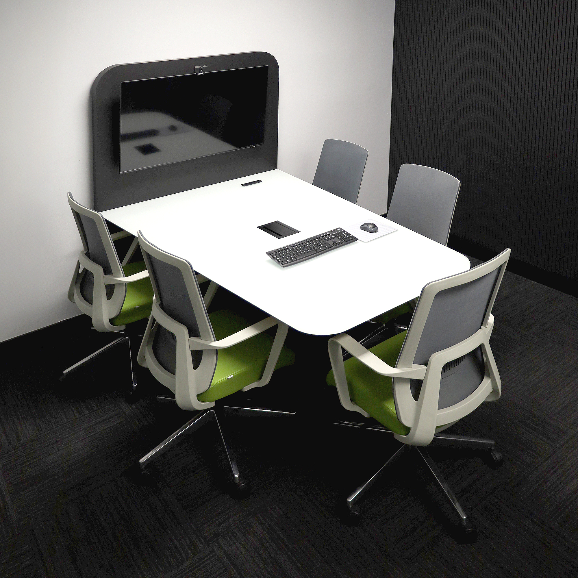 Anchorage Collaboration Table – 72" Wide features a White Traceless Glass Top, Black Traceless Laminate Back Panel, and matching Black Traceless Laminate Base, complete with one Black MX3 Power Box for easy connectivity. Designed for collaboration and eve
