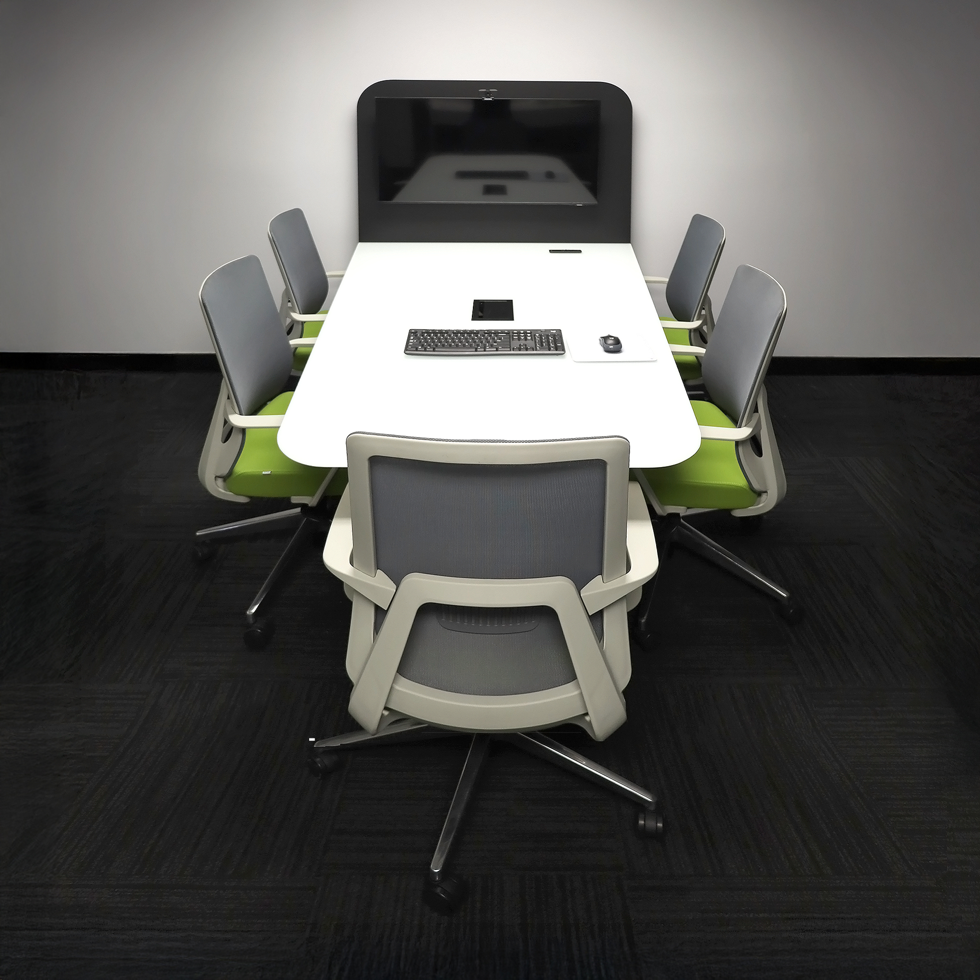 Anchorage Collaboration Table – 72" Wide features a White Traceless Glass Top, Black Traceless Laminate Back Panel, and matching Black Traceless Laminate Base, complete with one Black MX3 Power Box for easy connectivity. Designed for collaboration and eve