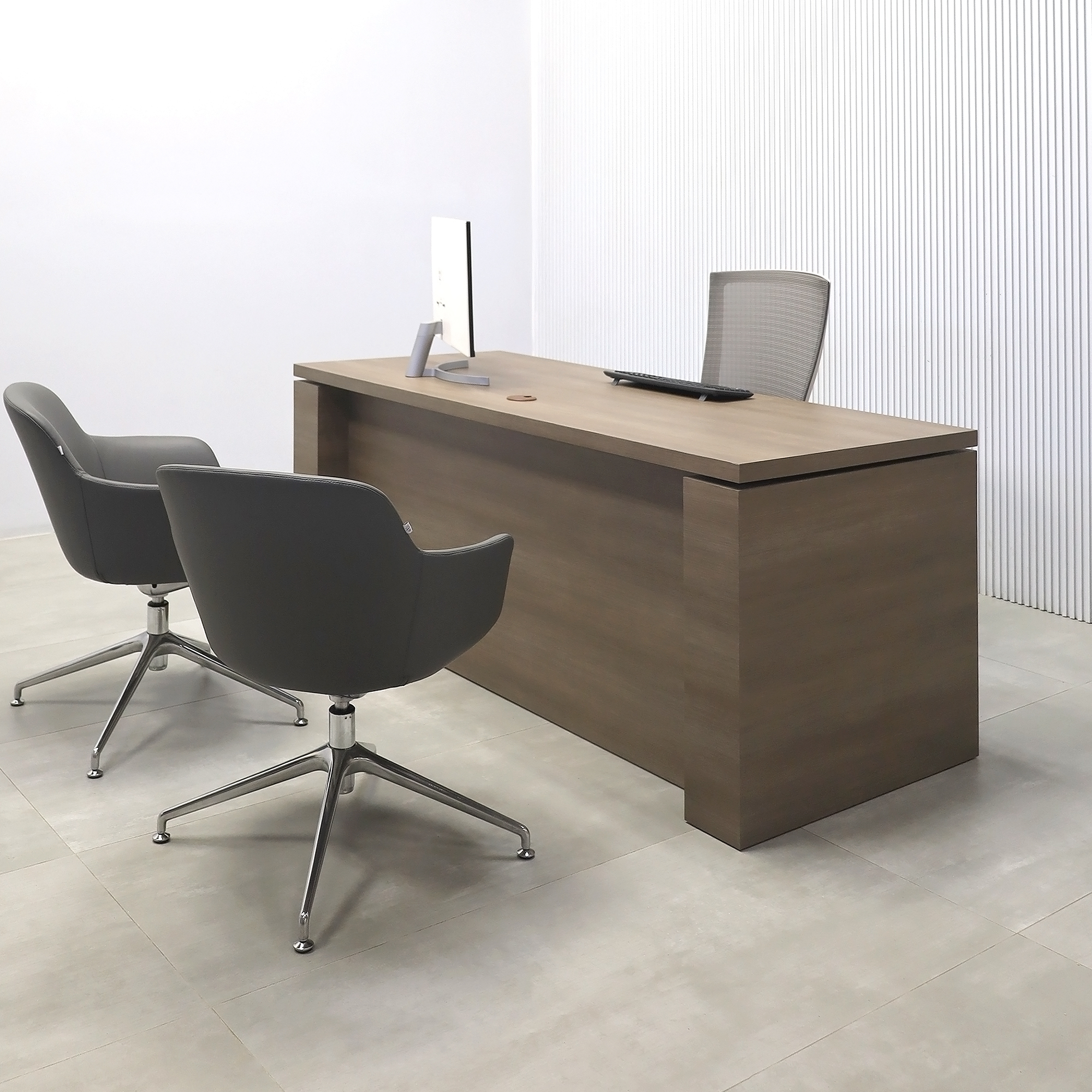72-inch Denver Straight Laminate Executive Desk with Sit-Stand Mechanism with (Wilsonart Phantom Cocoa 8213K-28 special swatch by request) laminate finish.