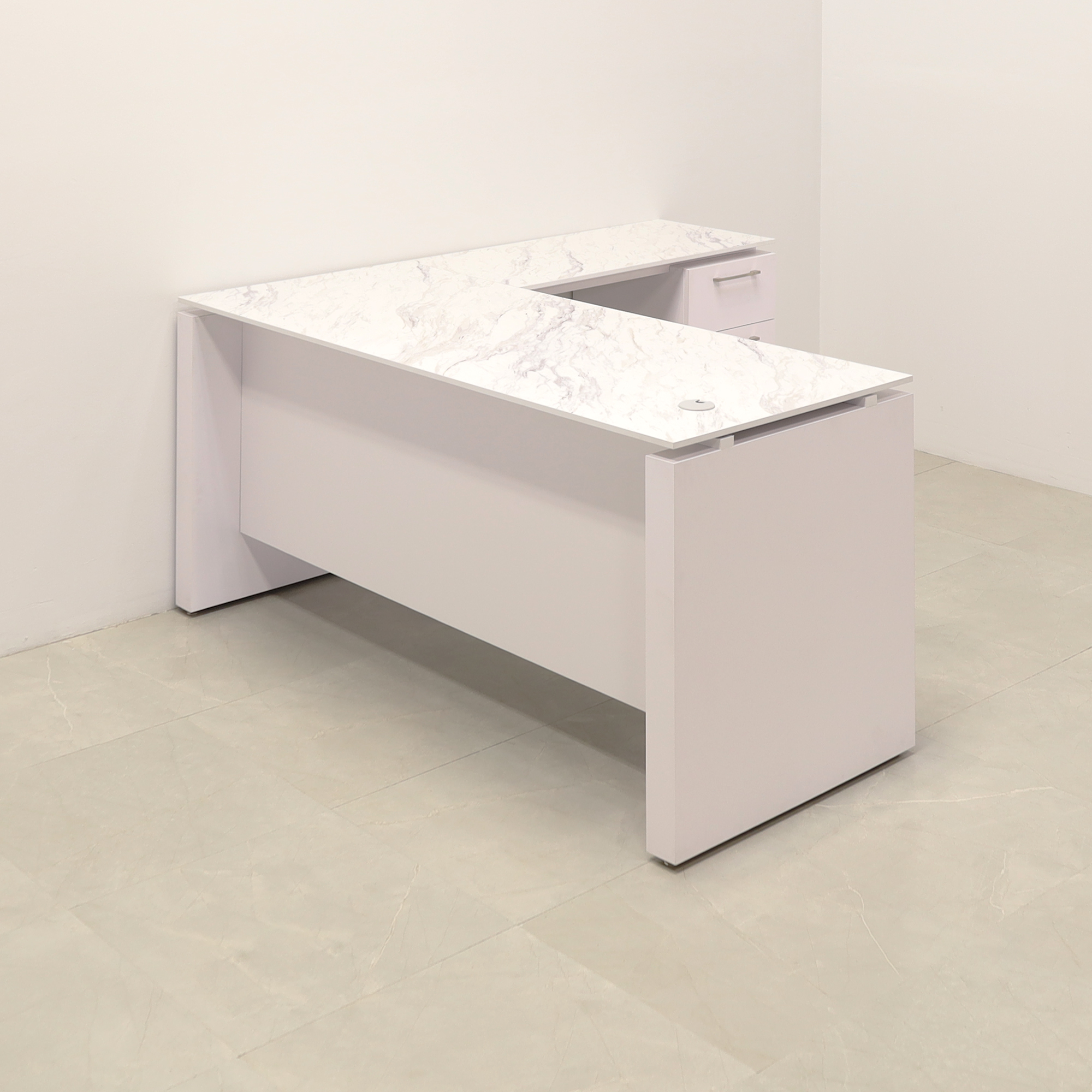 72 inches Denver L-Shape W/ Cabinet Executive Desk In Calcutta Blanc Engineered Stone Top and white matte laminate base and storage, with two pencil drawers and one file cabinet shown here.