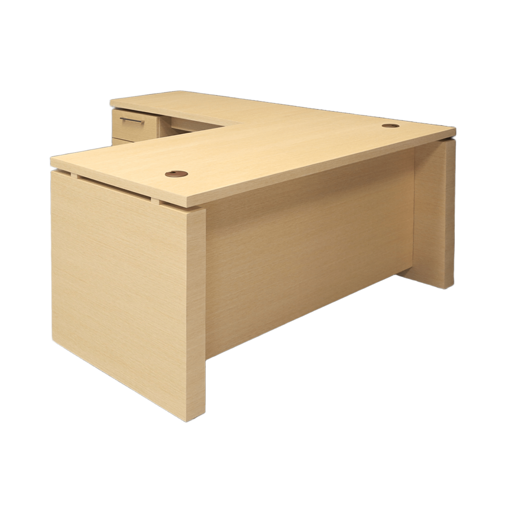 72-inch Denver L-Shape Executive Desk with cabinet & return on the left side when sitting, in maple veneer top, base, cabinet & privacy panel, shown here.