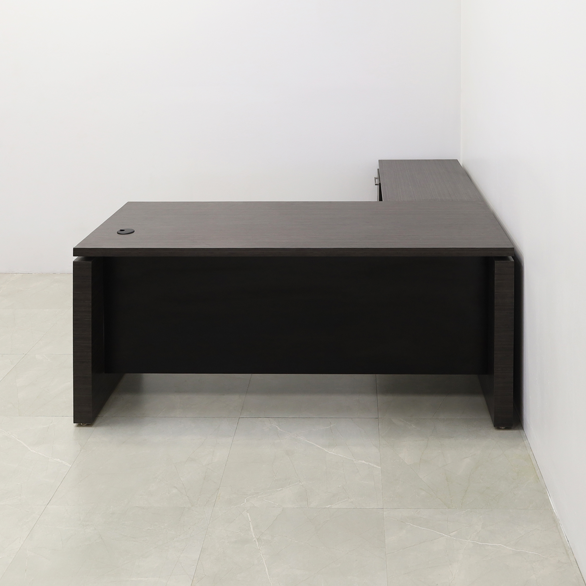 72-inch Denver L-Shape Executive Desk With Cabinet and Laminate Top, left return & cabinet side when sitting, in special laminate top, base and storage, and black matte laminate privacy panel, shown here.