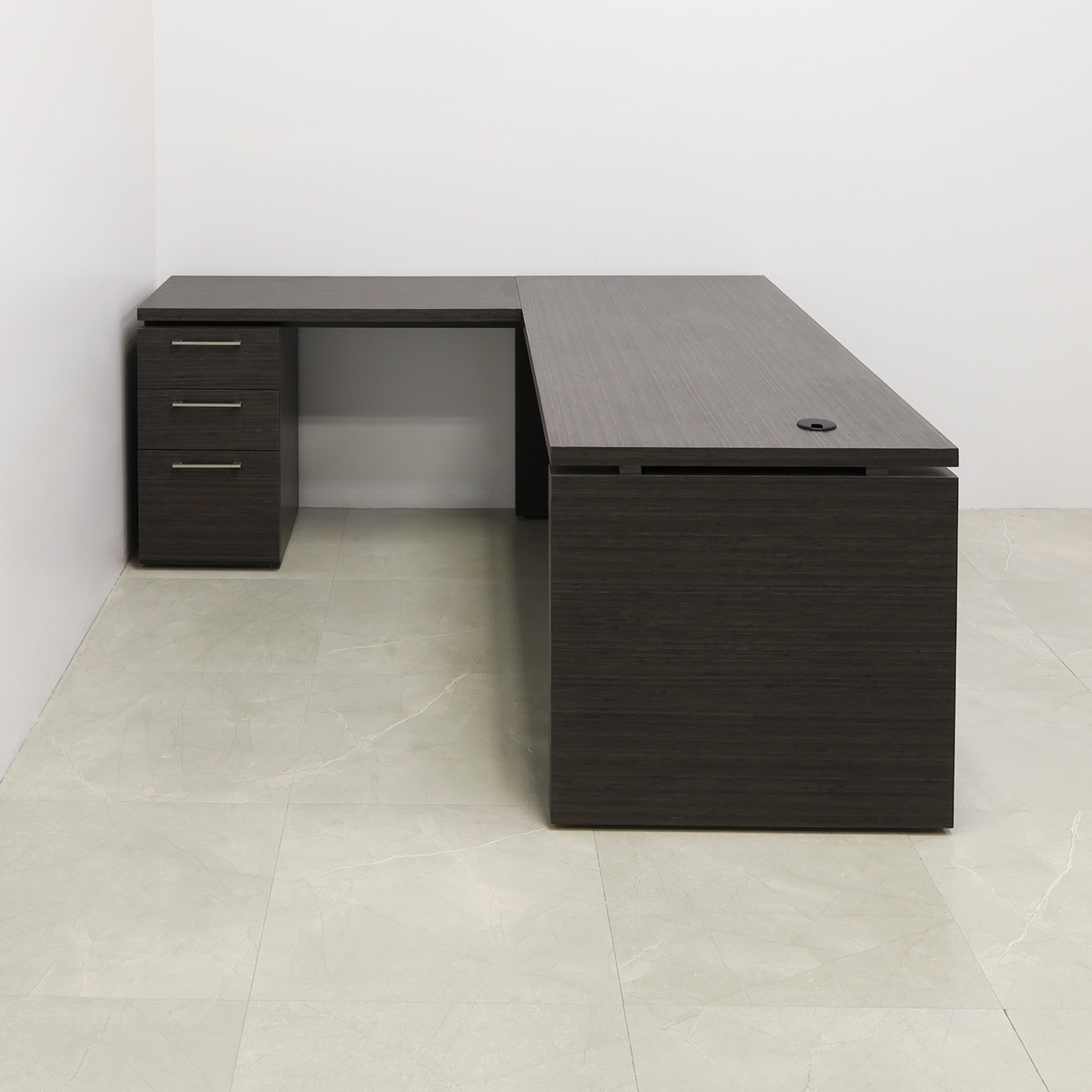 72-inch Denver L-Shape Executive Desk With Cabinet and Laminate Top, left return & cabinet side when sitting, in special laminate top, base and storage, and black matte laminate privacy panel, shown here.
