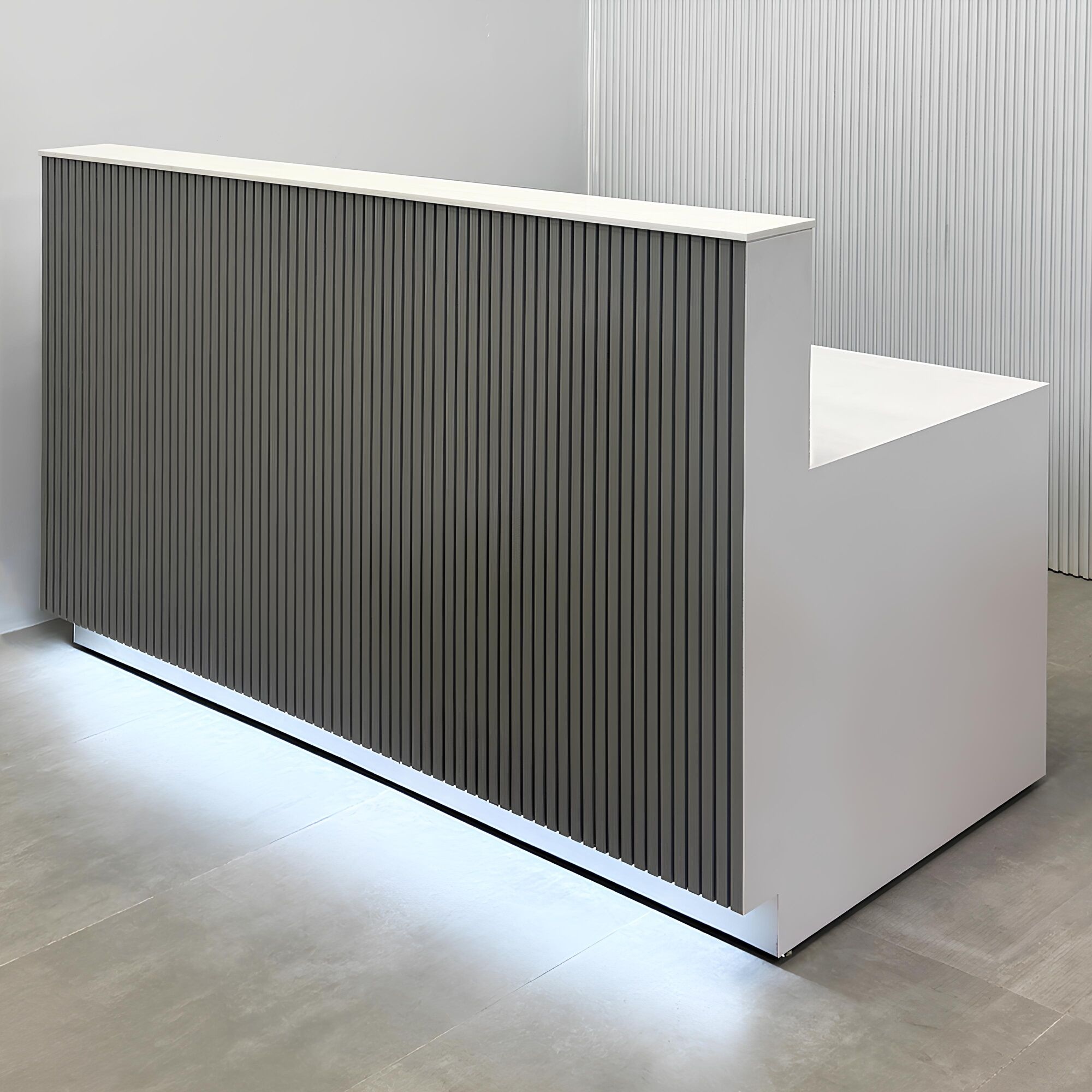 72-inch Dallas Straight Custom Reception Desk in white solid engineered surface top, fog gray matte tambour front, white matte laminate workspace, brushed aluminum toe-kick.