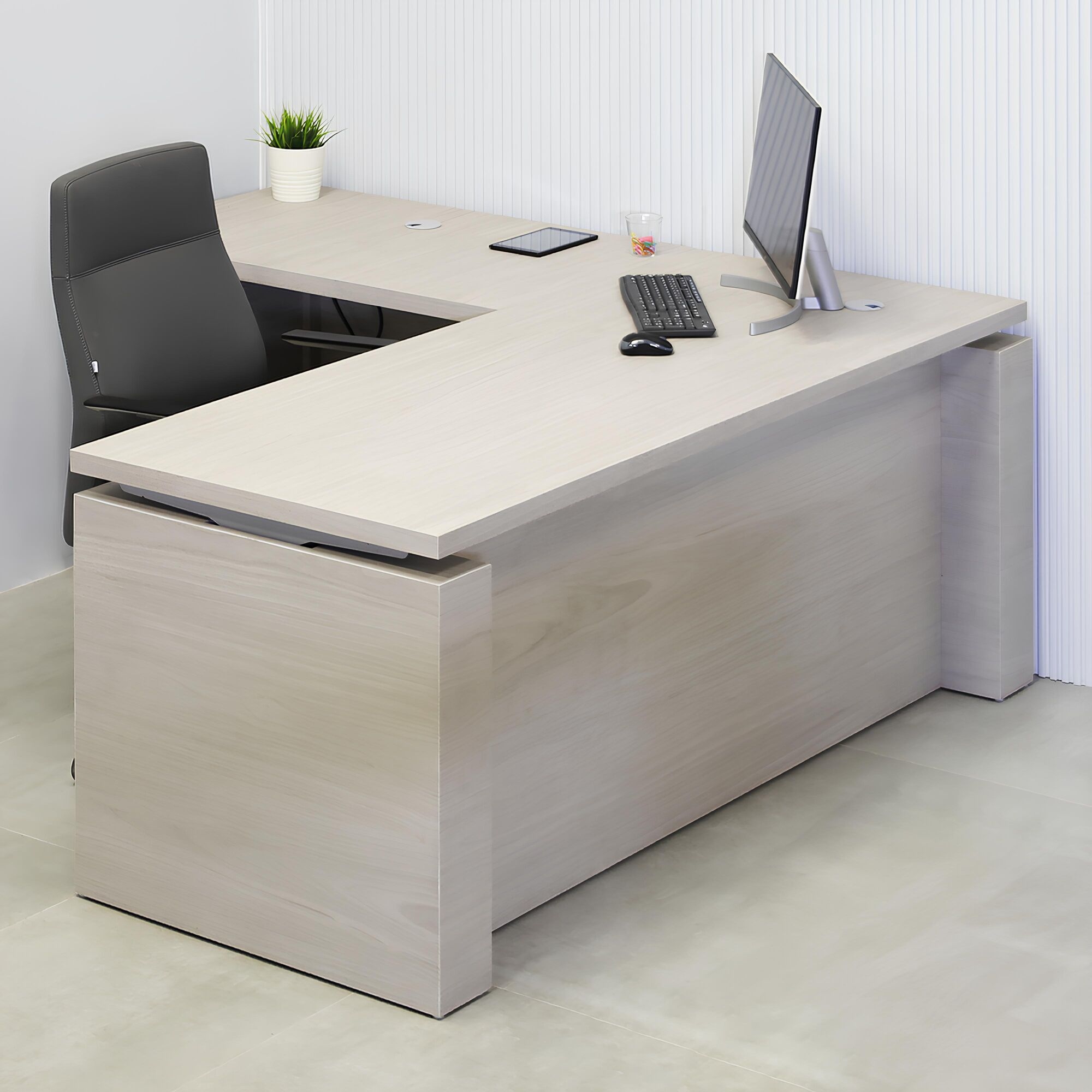 72-inch Denver L-Shape Executive Desk with Sit-stand mechanism, gray oak PVC matte laminate top, gray oak PVC matte laminate storage & privacy panel.