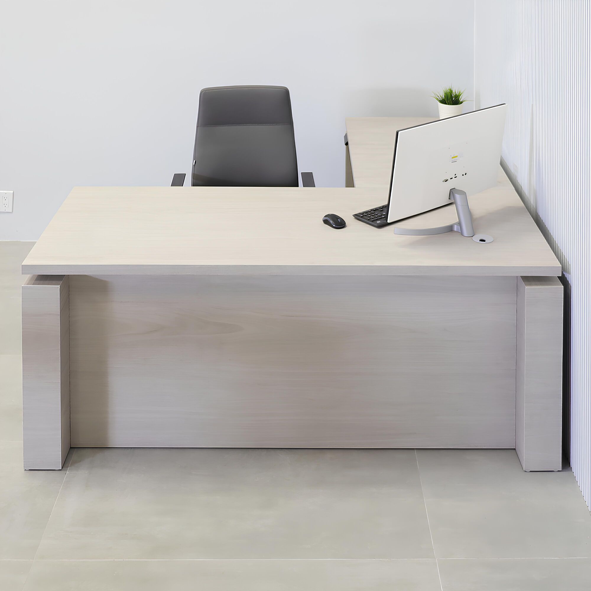 72-inch Denver L-Shape Executive Desk with Sit-stand mechanism, gray oak PVC matte laminate top, gray oak PVC matte laminate storage & privacy panel.