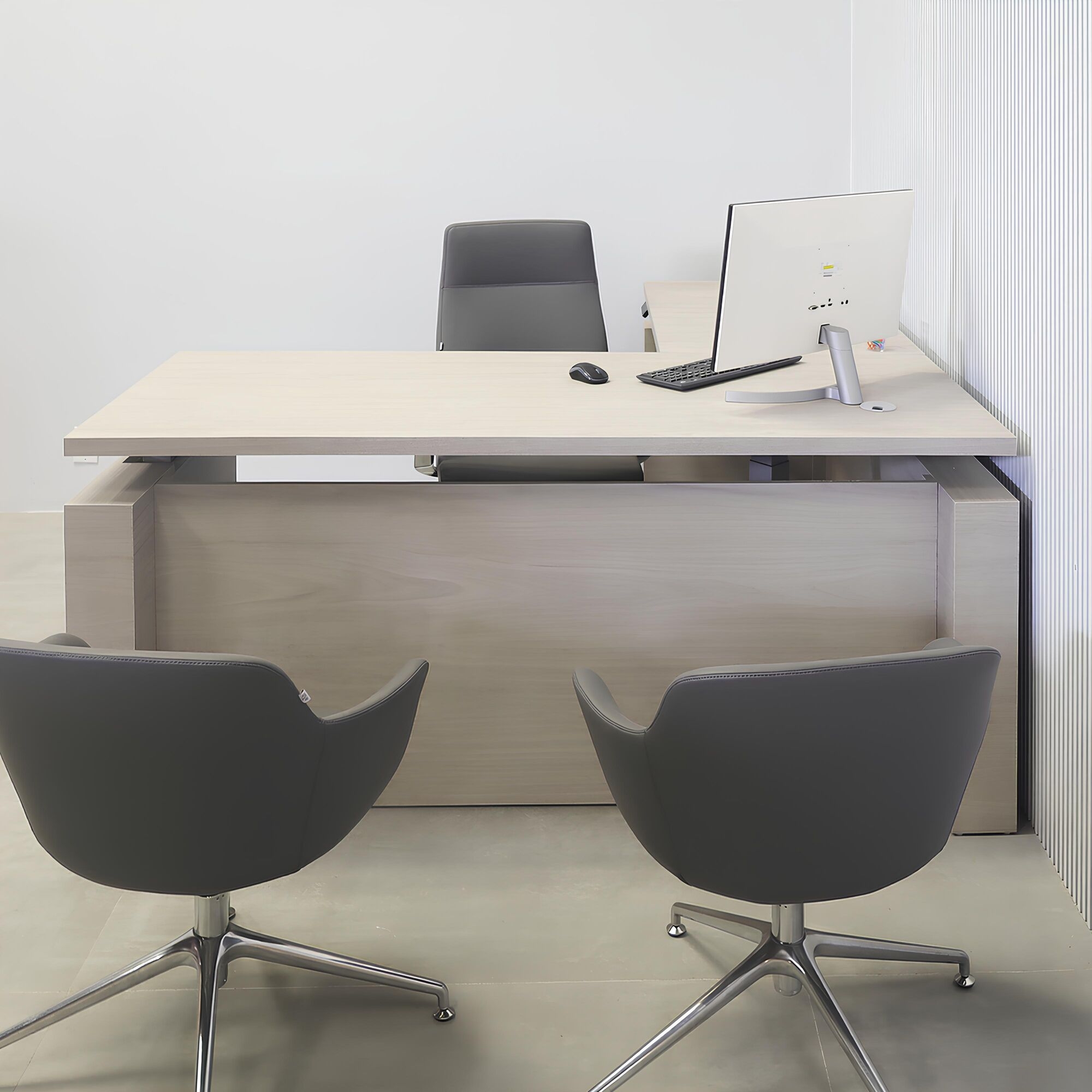 72-inch Denver L-Shape Executive Desk with Sit-stand mechanism, gray oak PVC matte laminate top, gray oak PVC matte laminate storage & privacy panel.