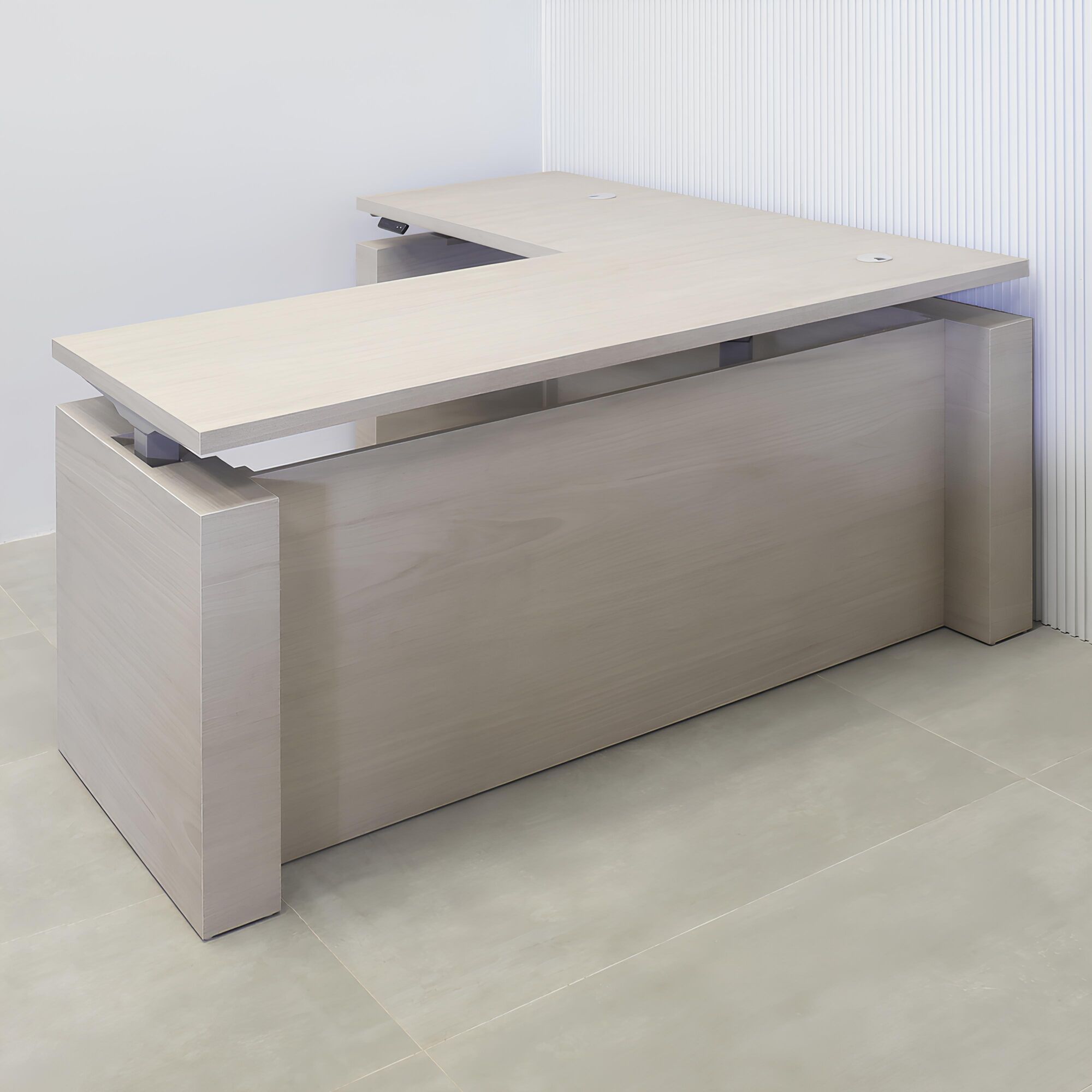 72-inch Denver L-Shape Executive Desk with Sit-stand mechanism, gray oak PVC matte laminate top, gray oak PVC matte laminate storage & privacy panel.