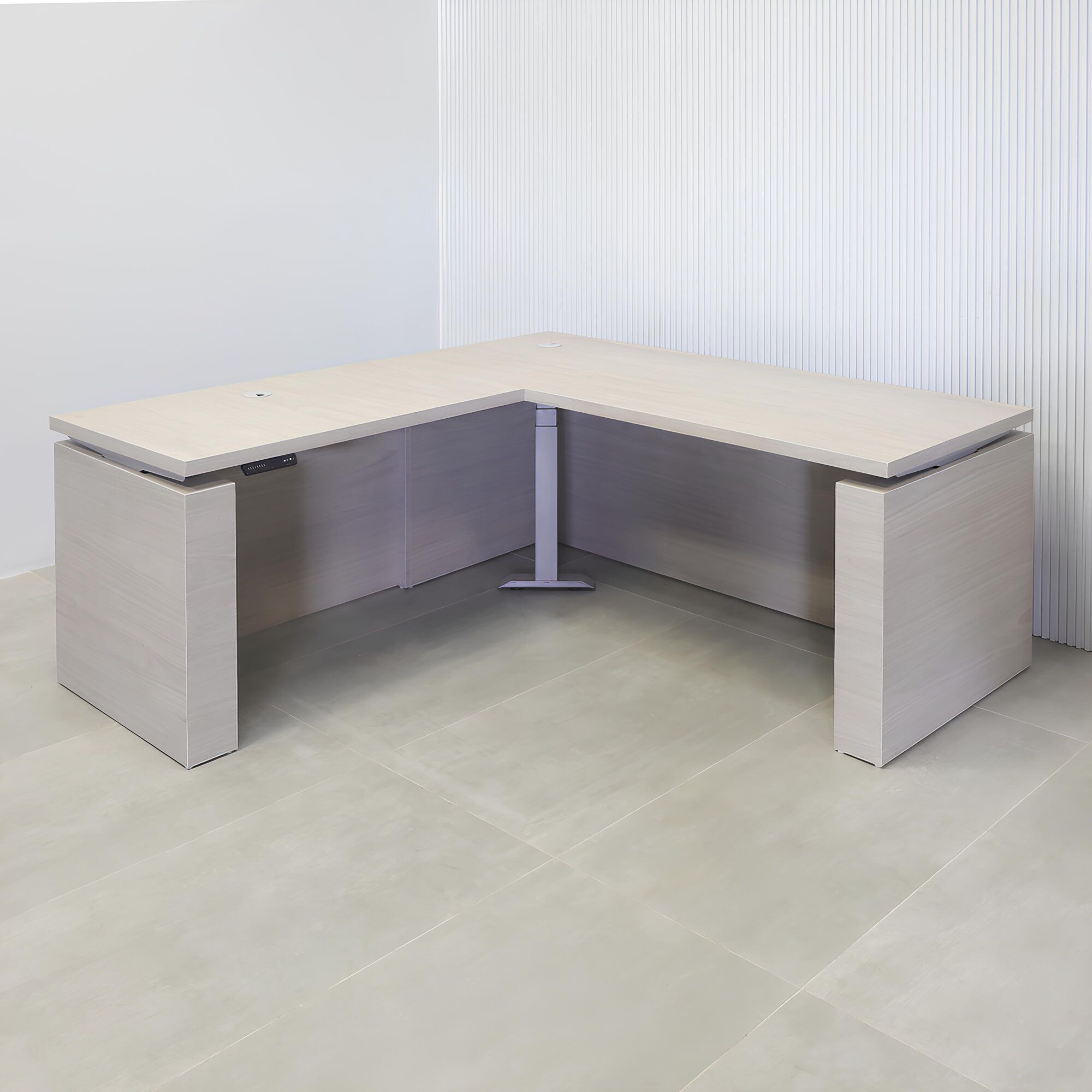 72-inch Denver L-Shape Executive Desk with Sit-stand mechanism, gray oak PVC matte laminate top, gray oak PVC matte laminate storage & privacy panel.