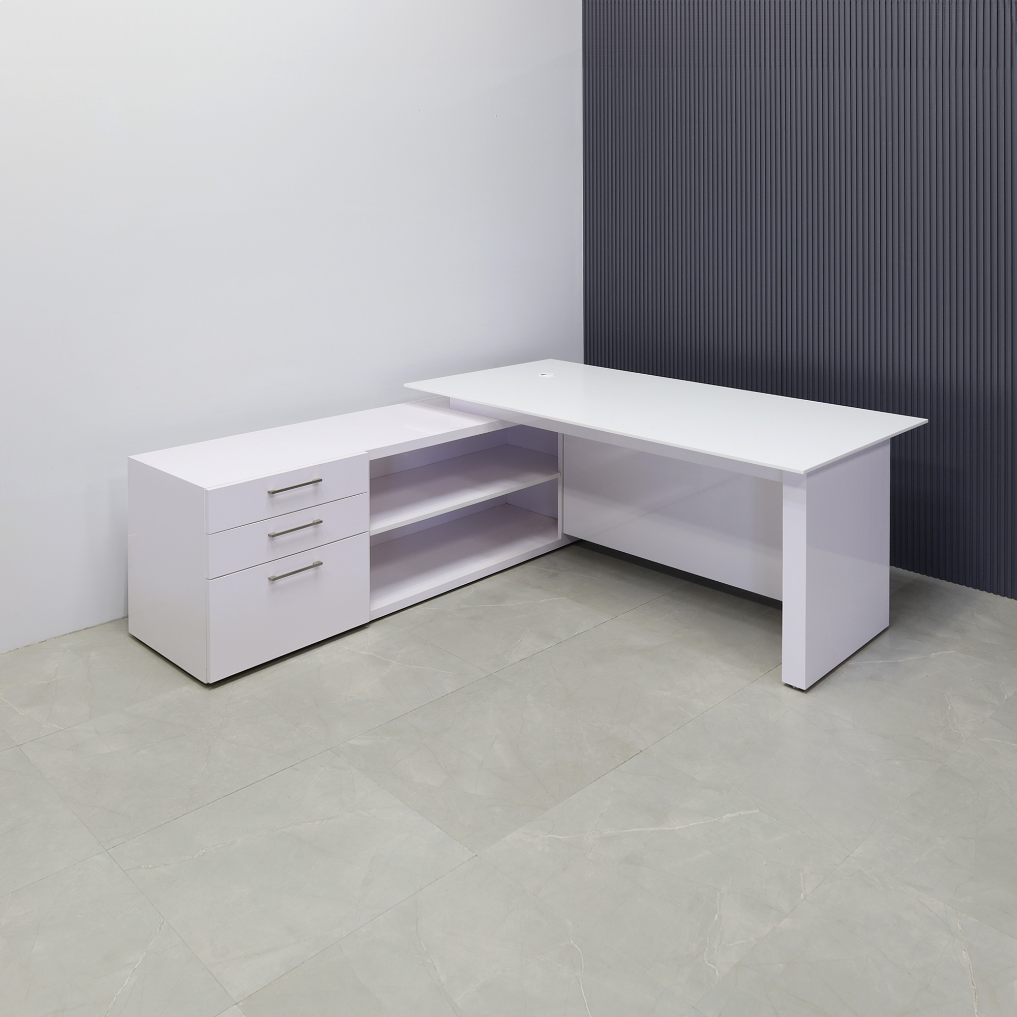 72 inches Avenue Straight W/ Cabinet Executive Desk in White Solid Engineered Stone Top and white gloss laminate base and credenza, with two pencil drawers, one file cabinets and one shelf shown here.