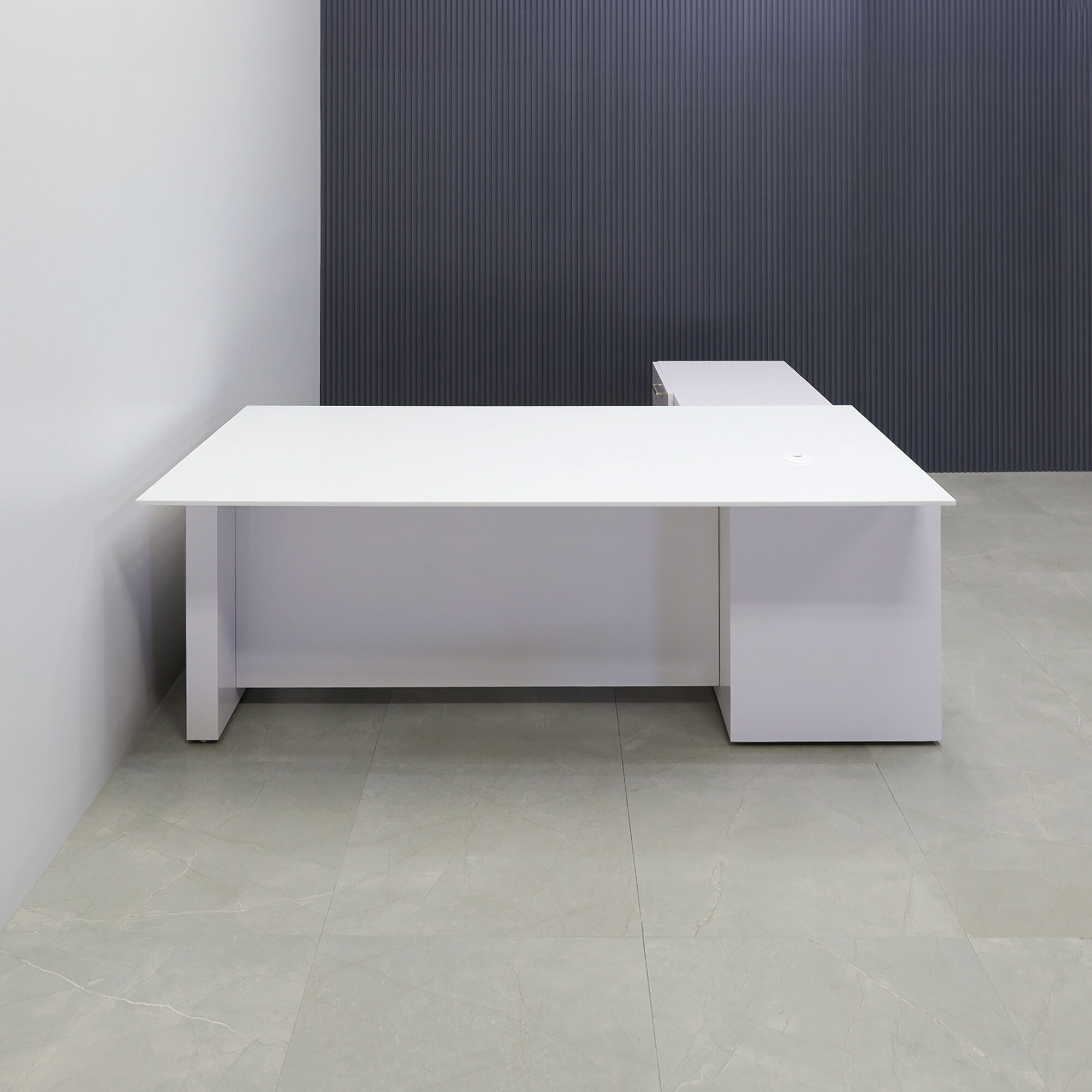 72-inch Avenue Straight W/ Cabinet Executive Desk in 1/2-inch white solid engineered surface top, and white gloss laminate base and credenza.