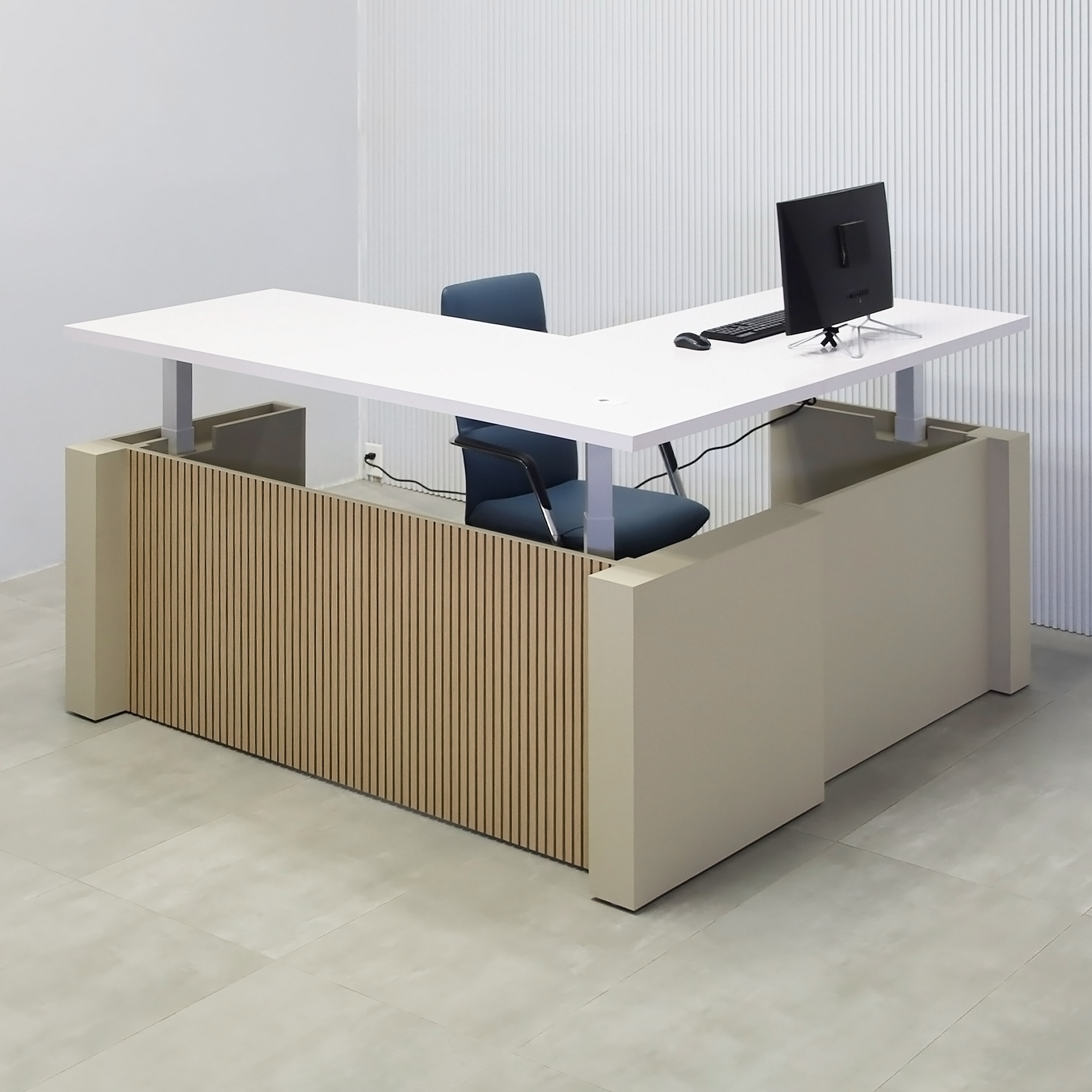 Denver L-Shape Laminate Executive Desk Sit-Stand Mechanism with White Gloss laminate top, Taupe matte PVC base, and Sit-Stand mechanism in white.