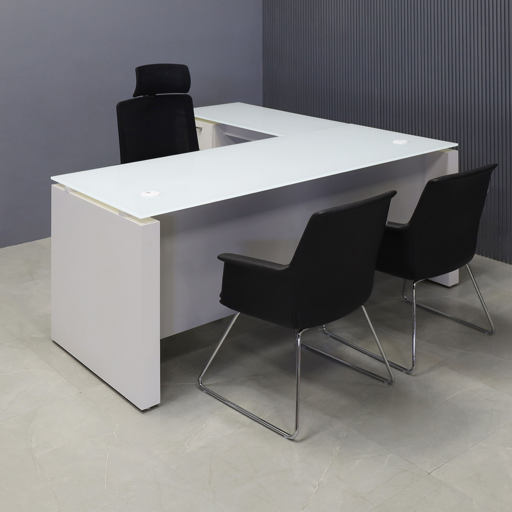 72-inch Denver L-Shape Executive Desk W/ Cabinet in 1/2-inch white tempered glass top, dover off-white matte laminate base & cabinet, and folkstone gray matte laminate  privacy panel.