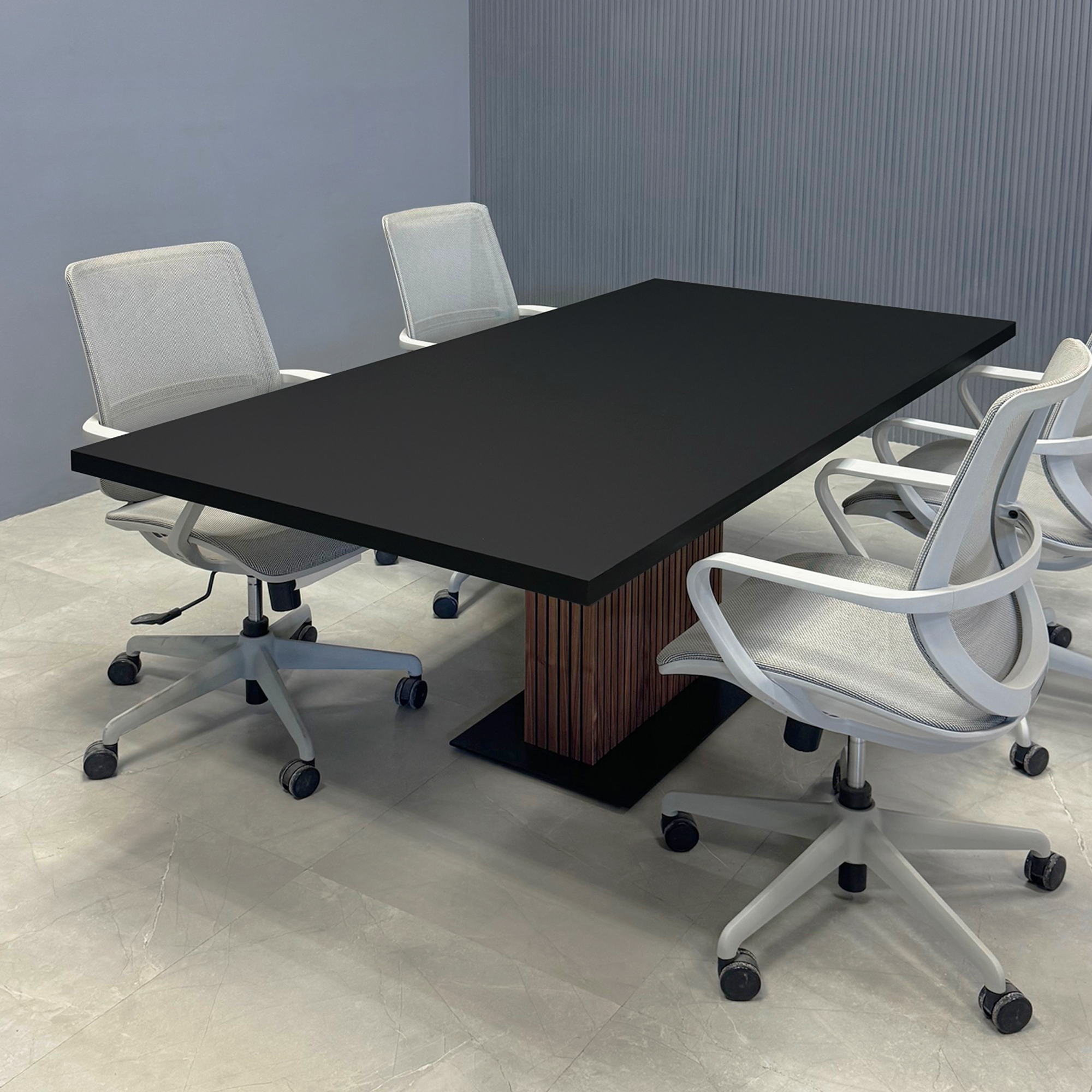 76-inch Newton Rectangular Conference Table in black traceless laminate top and black stainless steel base covered in walnut veneer tambour shown here.