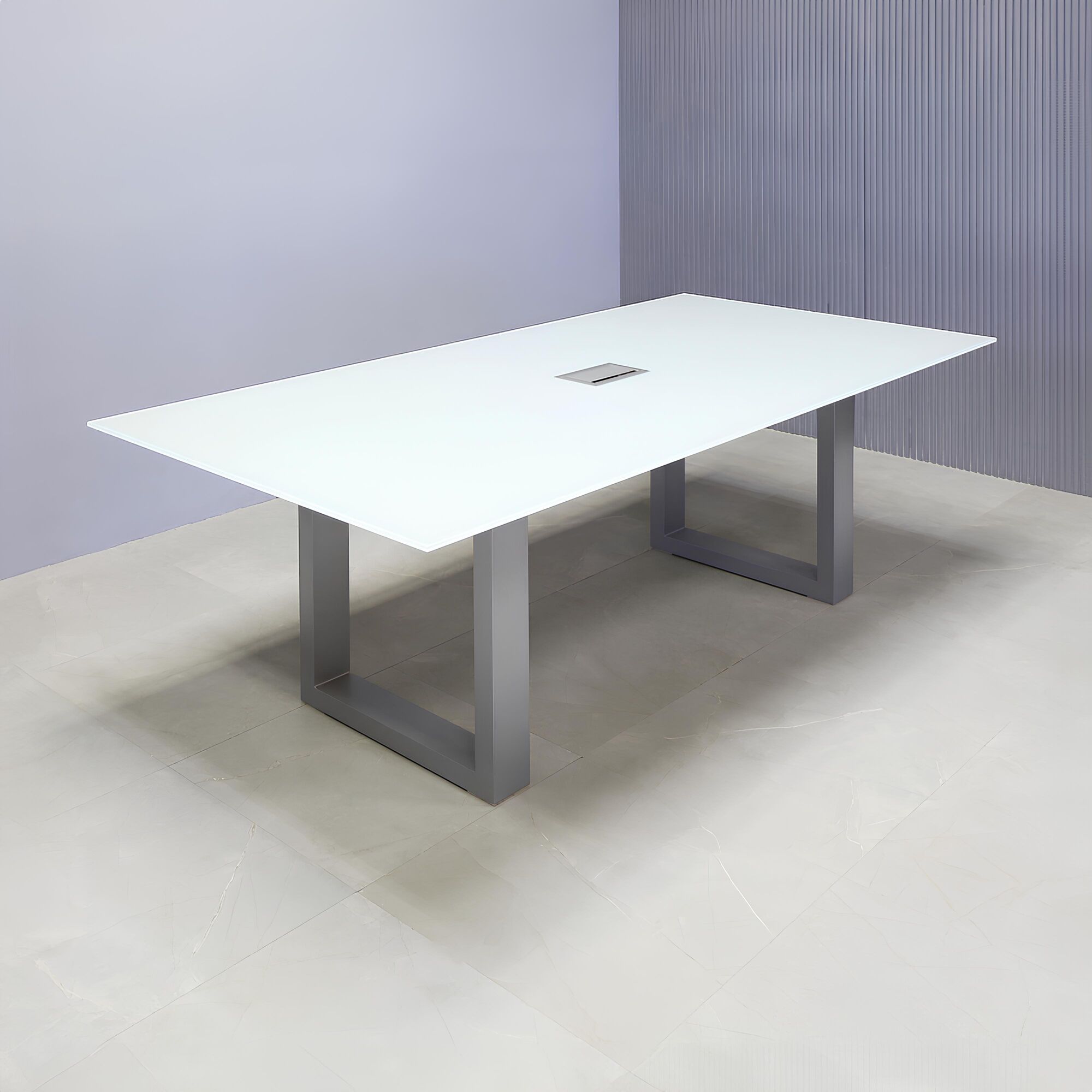 84-inch Omaha Rectangular Conference Table in 1/2-inch white tempered glass top, with metal u-legs powder coated in silver, and silver MX3 power box.
