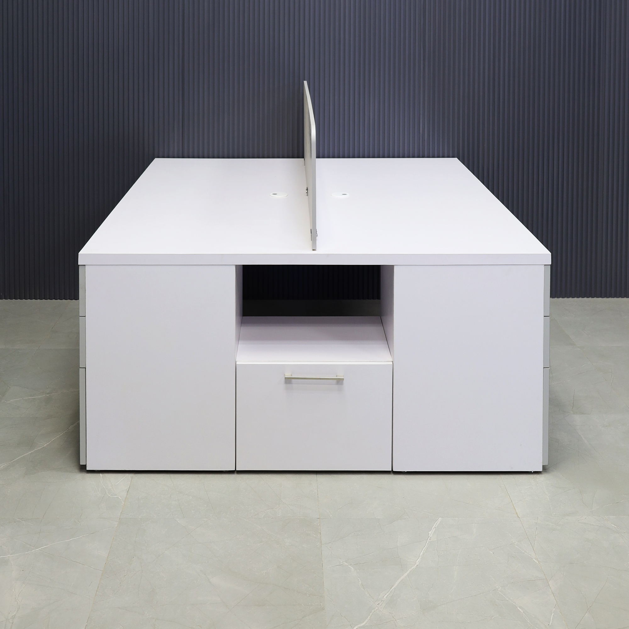 60X60 inches Dallas Workstation With Storage in white matte laminate top & storages, fog gray laminate divider & front drawers, with brushed stainless legs shown here.