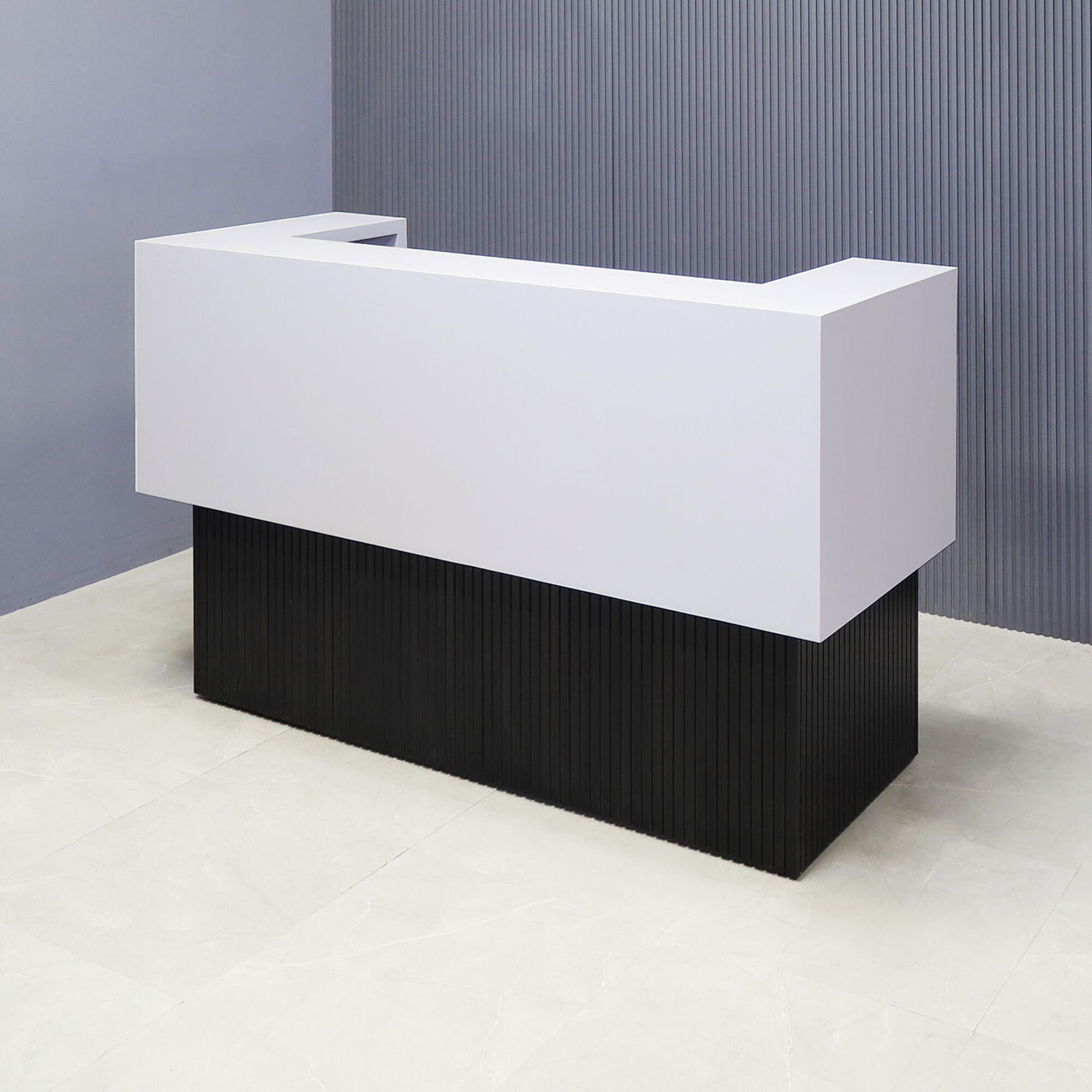 72-inch San Francisco U-Shape Custom Reception Desk in white matte laminate counter, black traceless laminate desk and black traceless tambour front desk, shown here.