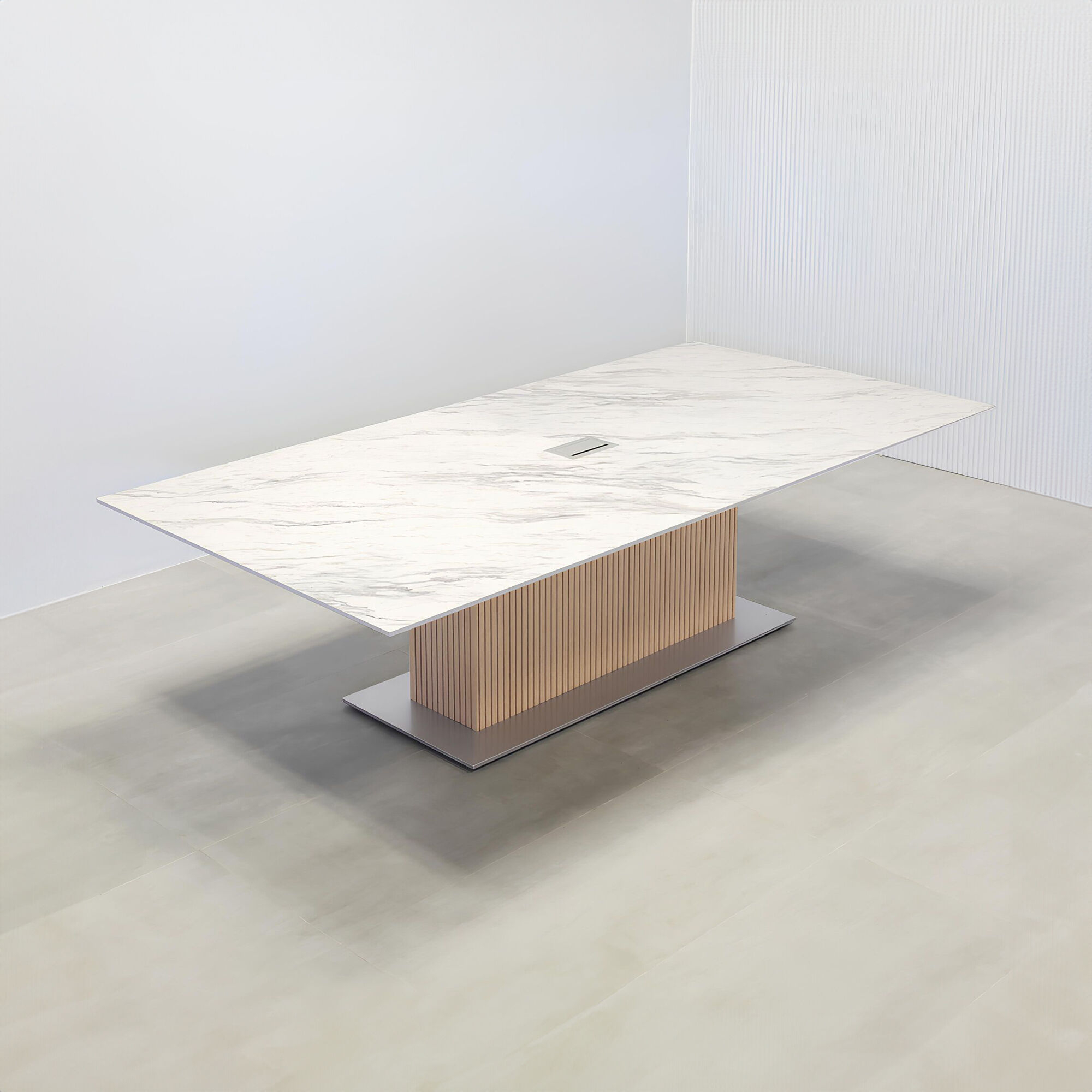 120-inch Aurora Rectangular Conference Table with calcutta engineered surface top, white oak tambour pedestal, and  X3 silver metal powder-coated base.