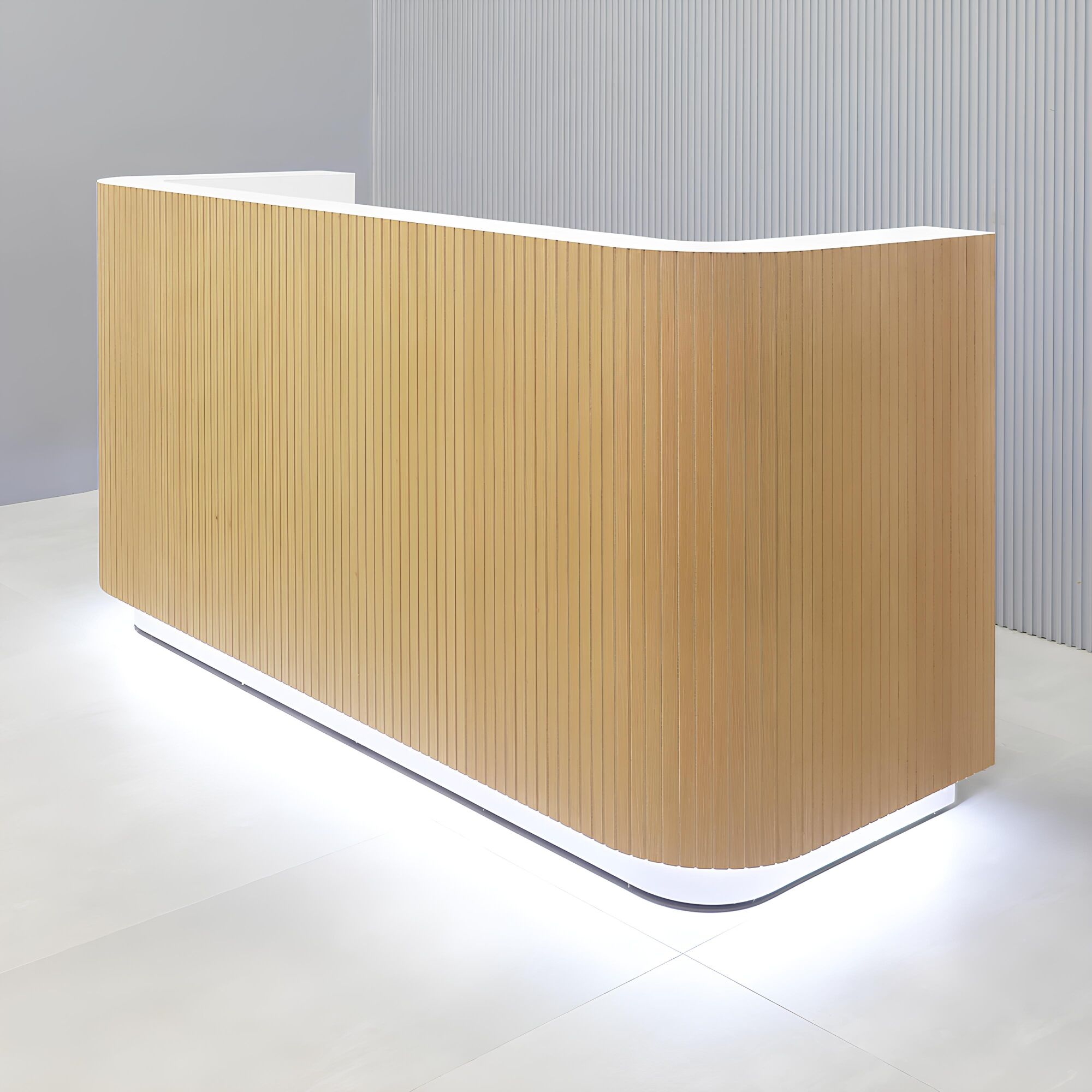 80-inch Nola U Shape Reception Desk with white oak veneer tambour front, white matte laminate workspace, white matte laminate toe-kick, white LED with remote control.