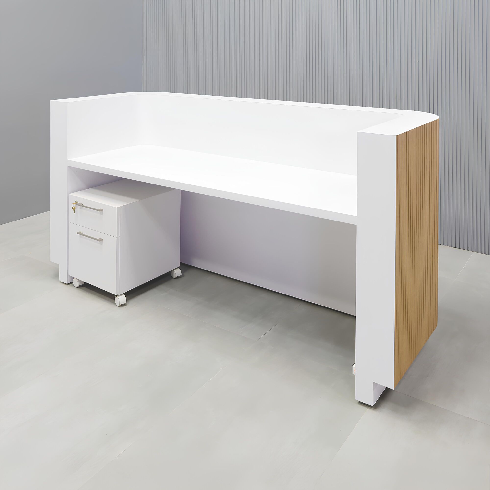 80-inch Nola U Shape Reception Desk with white oak veneer tambour front, white matte laminate workspace, white matte laminate toe-kick, white LED with remote control.