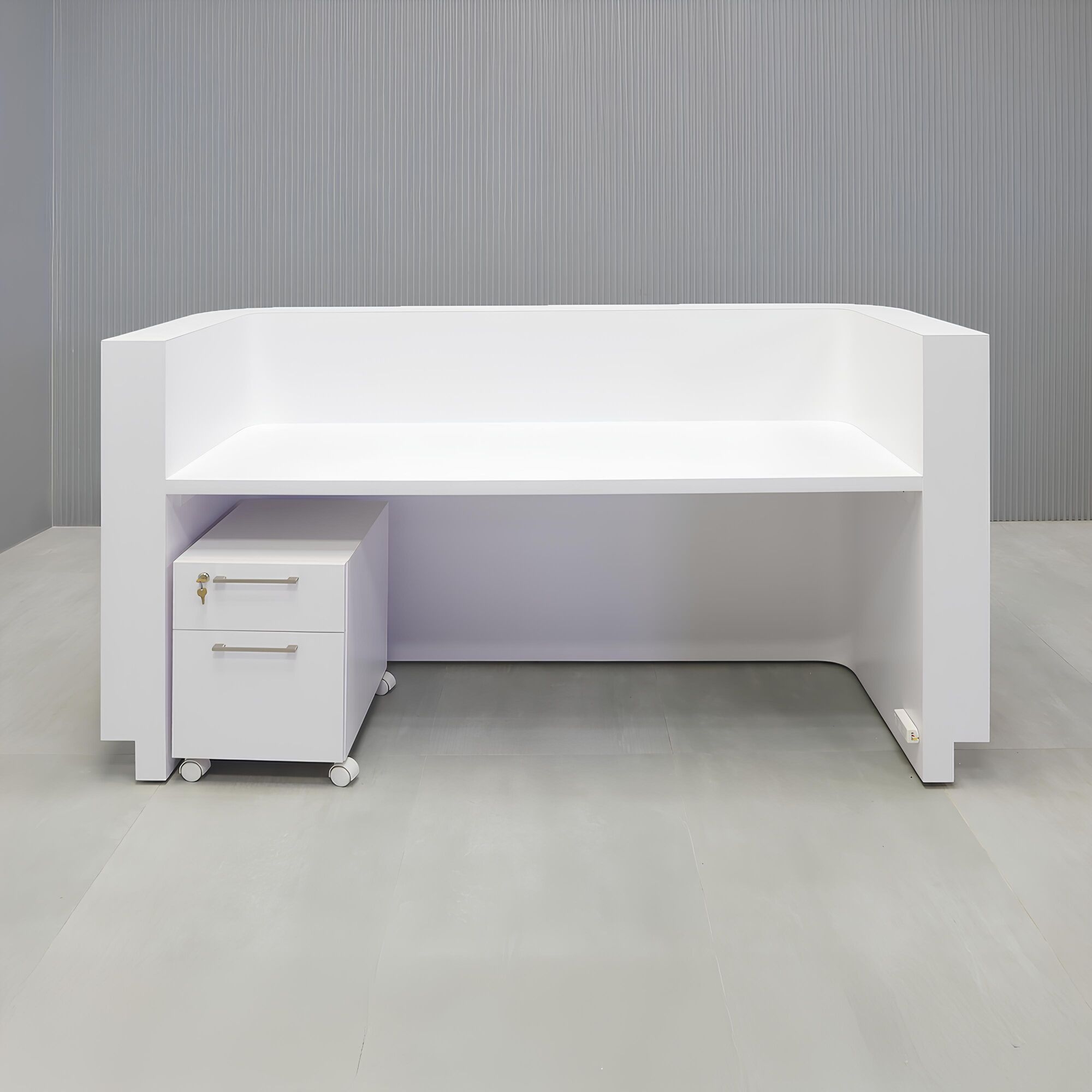 80-inch Nola U Shape Reception Desk with white oak veneer tambour front, white matte laminate workspace, white matte laminate toe-kick, white LED with remote control.