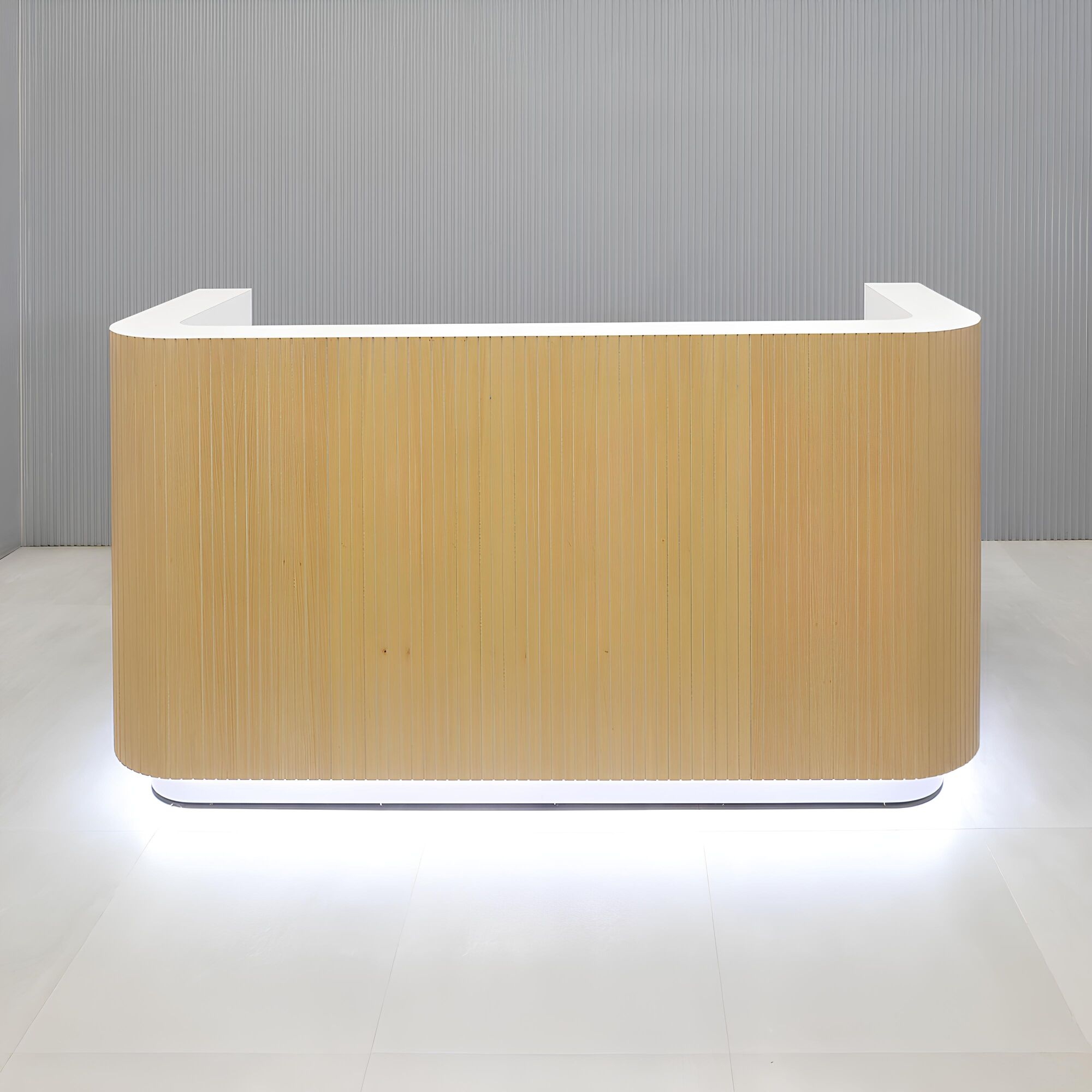 80-inch Nola U Shape Reception Desk with white oak veneer tambour front, white matte laminate workspace, white matte laminate toe-kick, white LED with remote control.