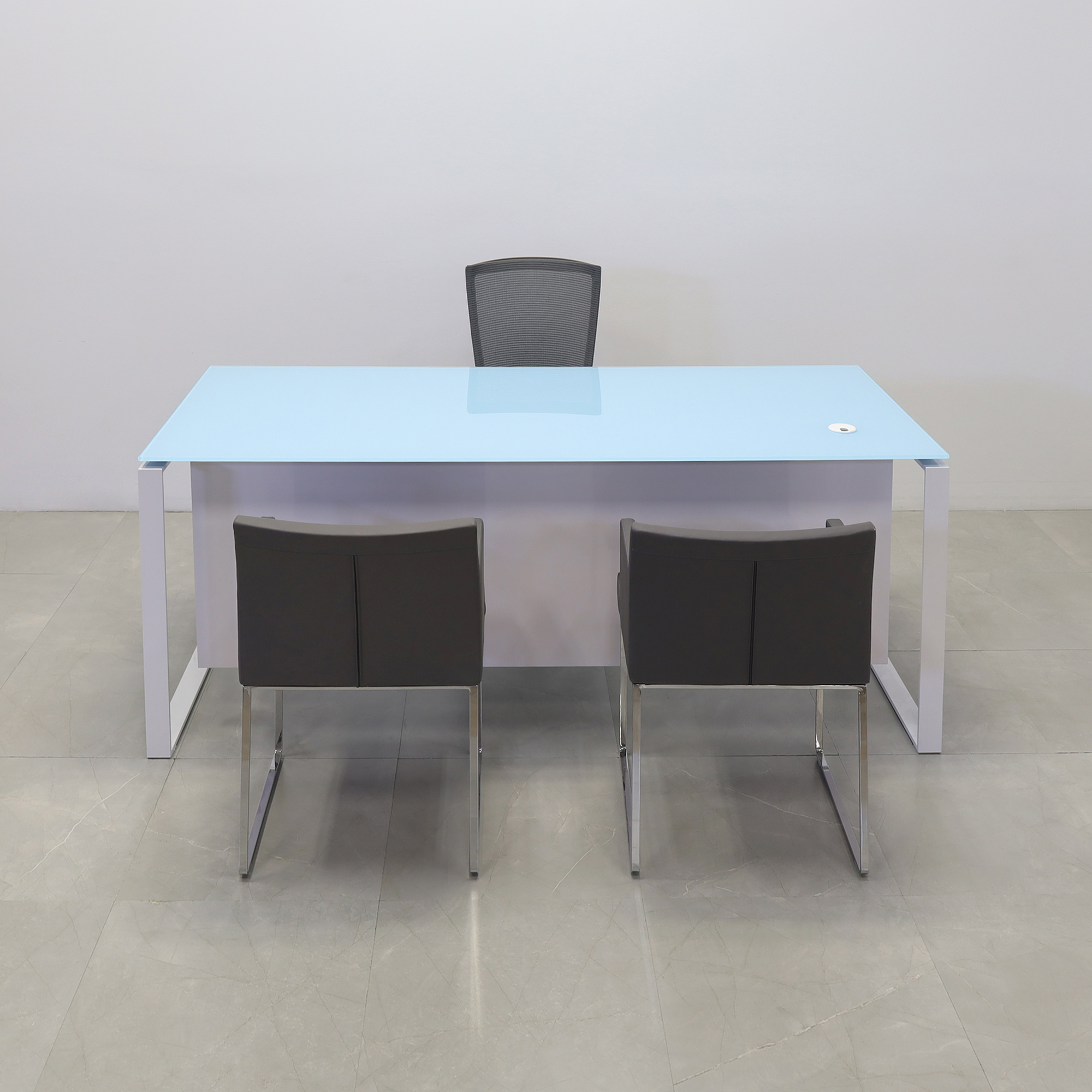 Aspen Straight Executive Desk With Tempered Glass Top in baby blue top, white gloss laminate privacy panel and white metal legs shown here.