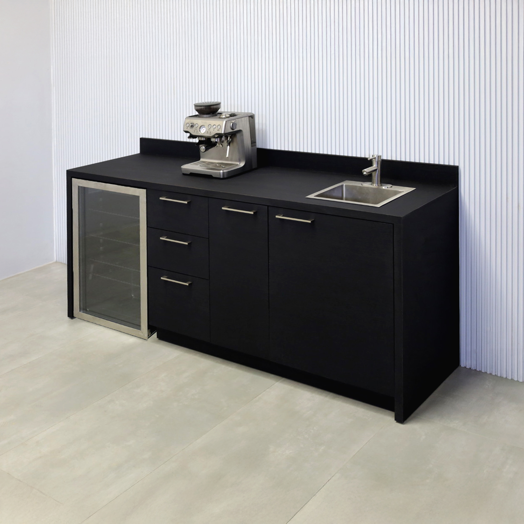 84-inch Avenue Beverage Station with Black Cinder matte laminate top, Black Cinder matte laminate main body, and Black liner interior.
