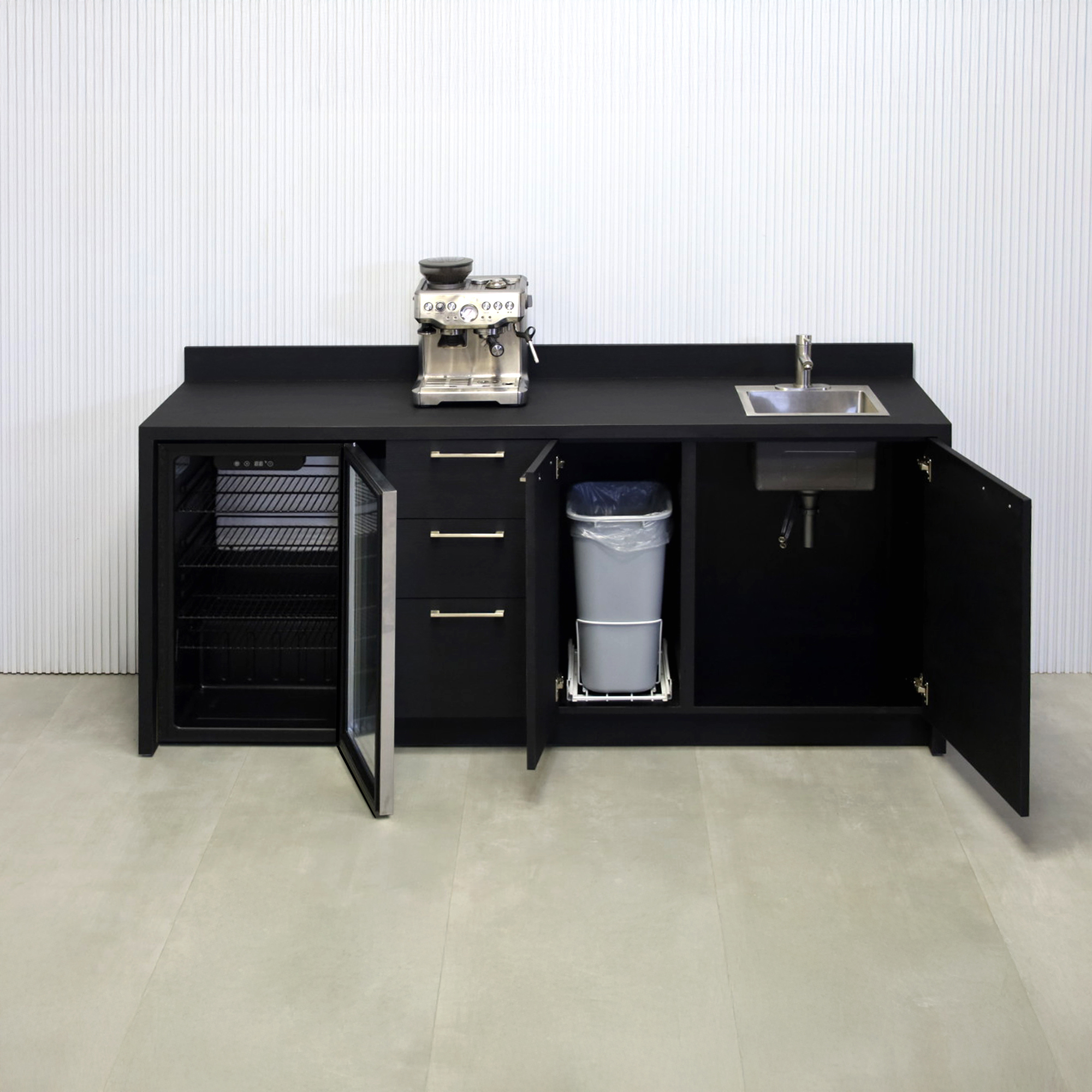 84-inch Avenue Beverage Station with Black Cinder matte laminate top, Black Cinder matte laminate main body, and Black liner interior.