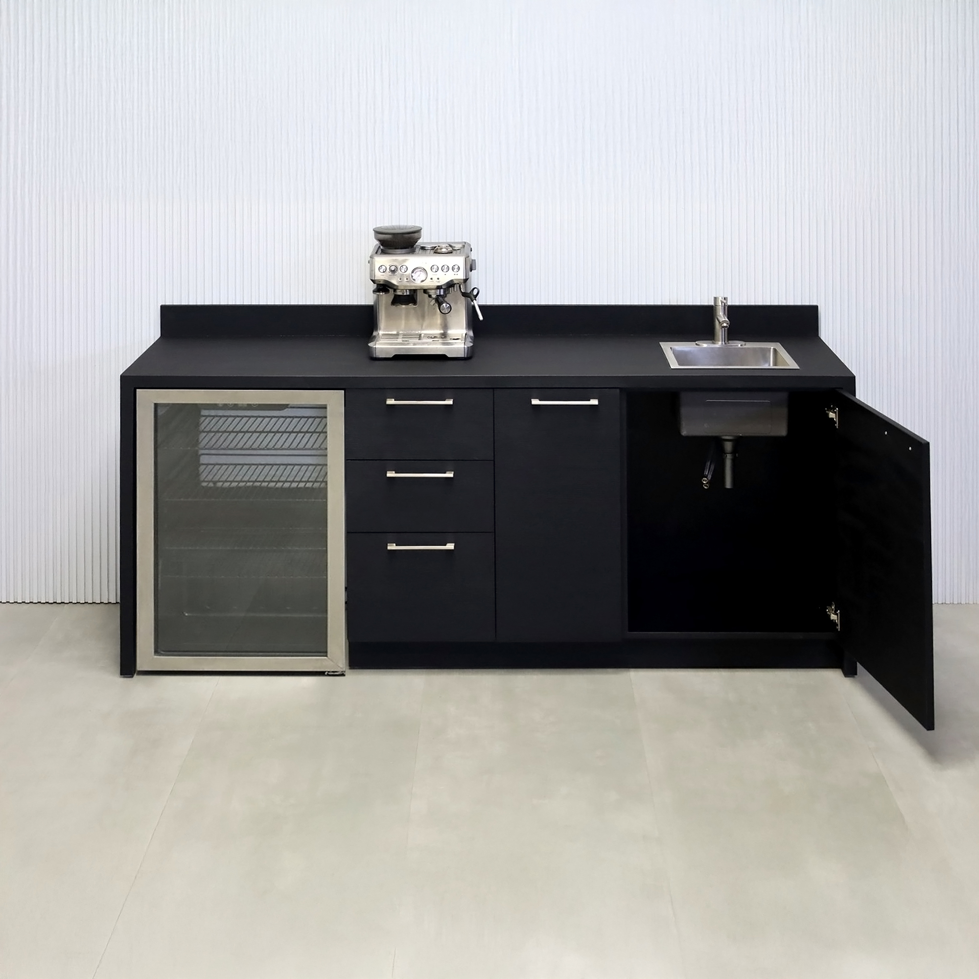 84-inch Avenue Beverage Station with Black Cinder matte laminate top, Black Cinder matte laminate main body, and Black liner interior.