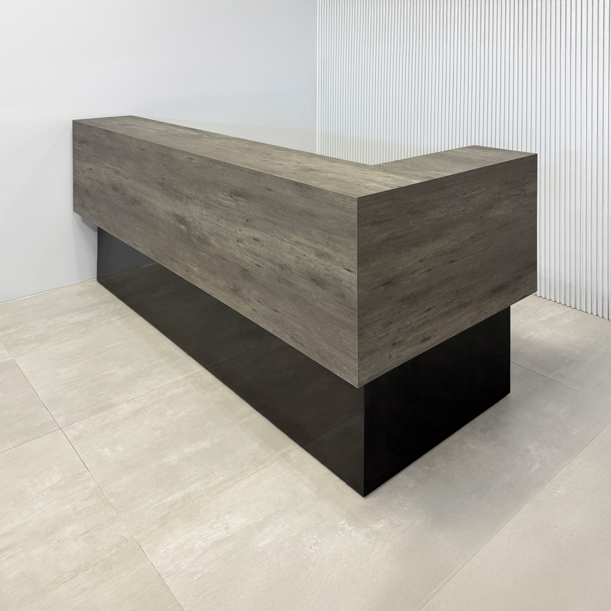 84-inch San Francisco L-Shape Reception Desk with black gloss laminate desk, black gloss laminate workspace, and metropolitan concrete surface (discontinued) counter.